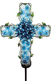 Solar Cross Garden Lights Outdoor Decorative - Solar Metal&Glass Cross Blue Hydrangea Flower Stake Lights- Waterproof 20 Warm White LED for Remembrance Gifts