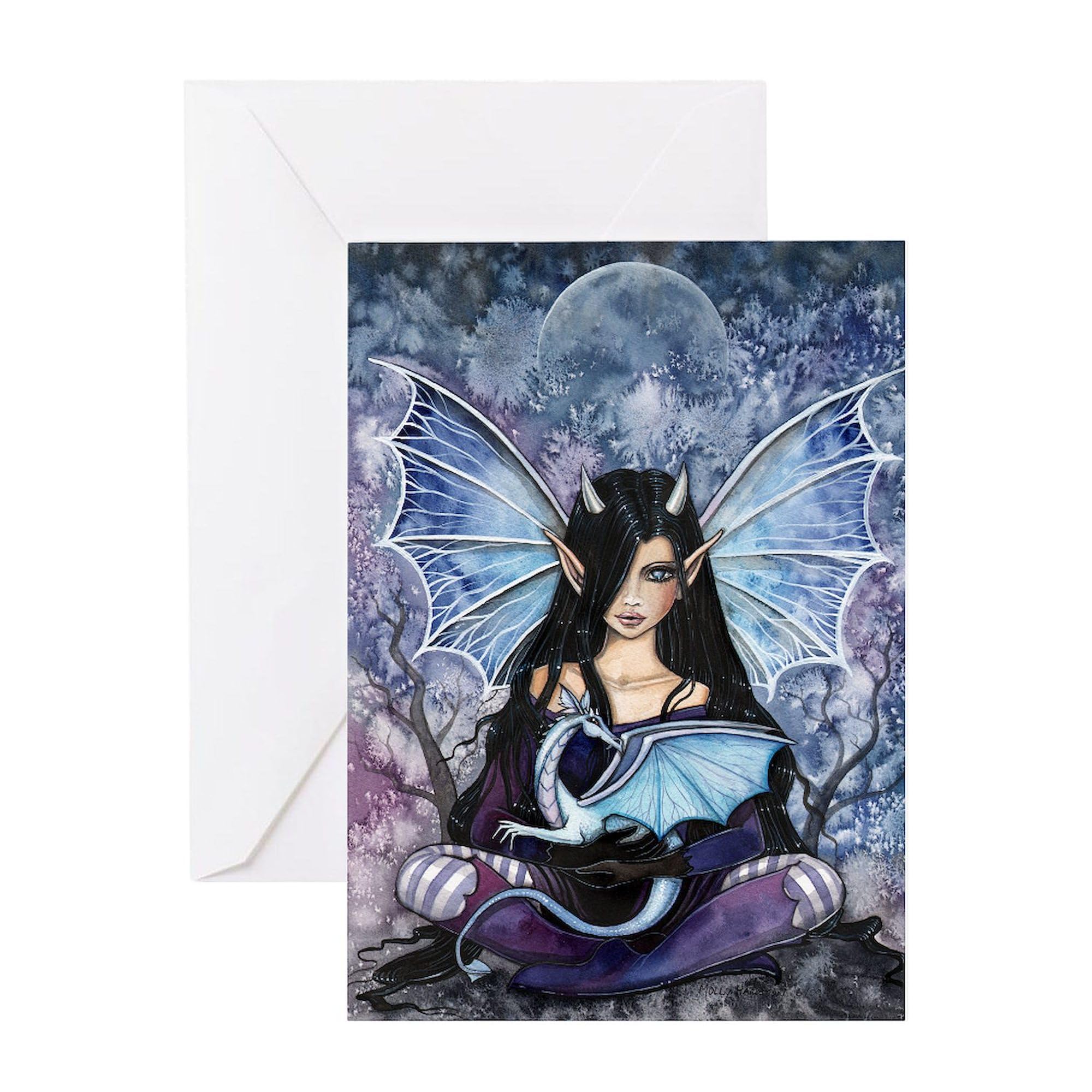 CafePress Sapphire Dragon Fairy Gothic Fantasy Art Greeting Folded Greeting Card Glossy