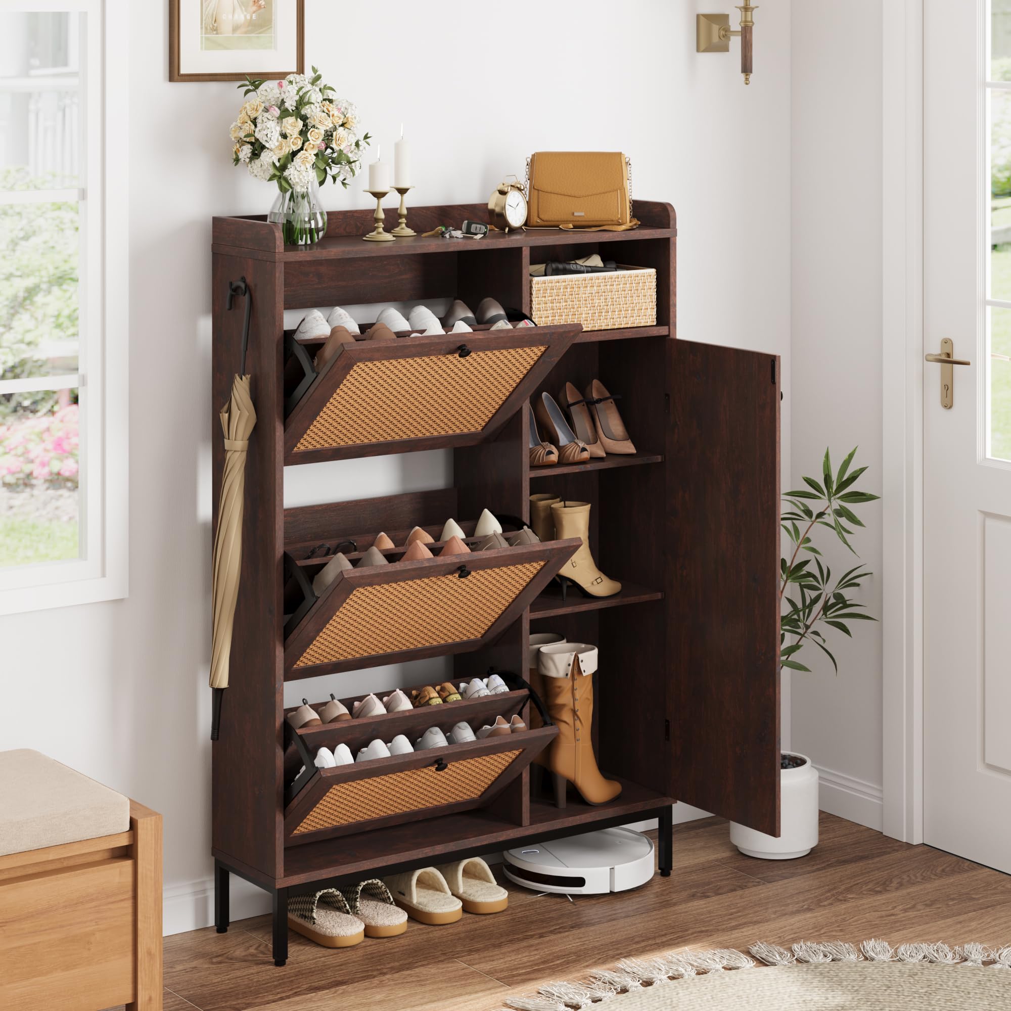 garveehome shoe cabinet rattan with 3 flip drawers and 4-tier shoe storage cabinet, freestanding shoe organizer with adjustable shelves for entryway, closet, hallway