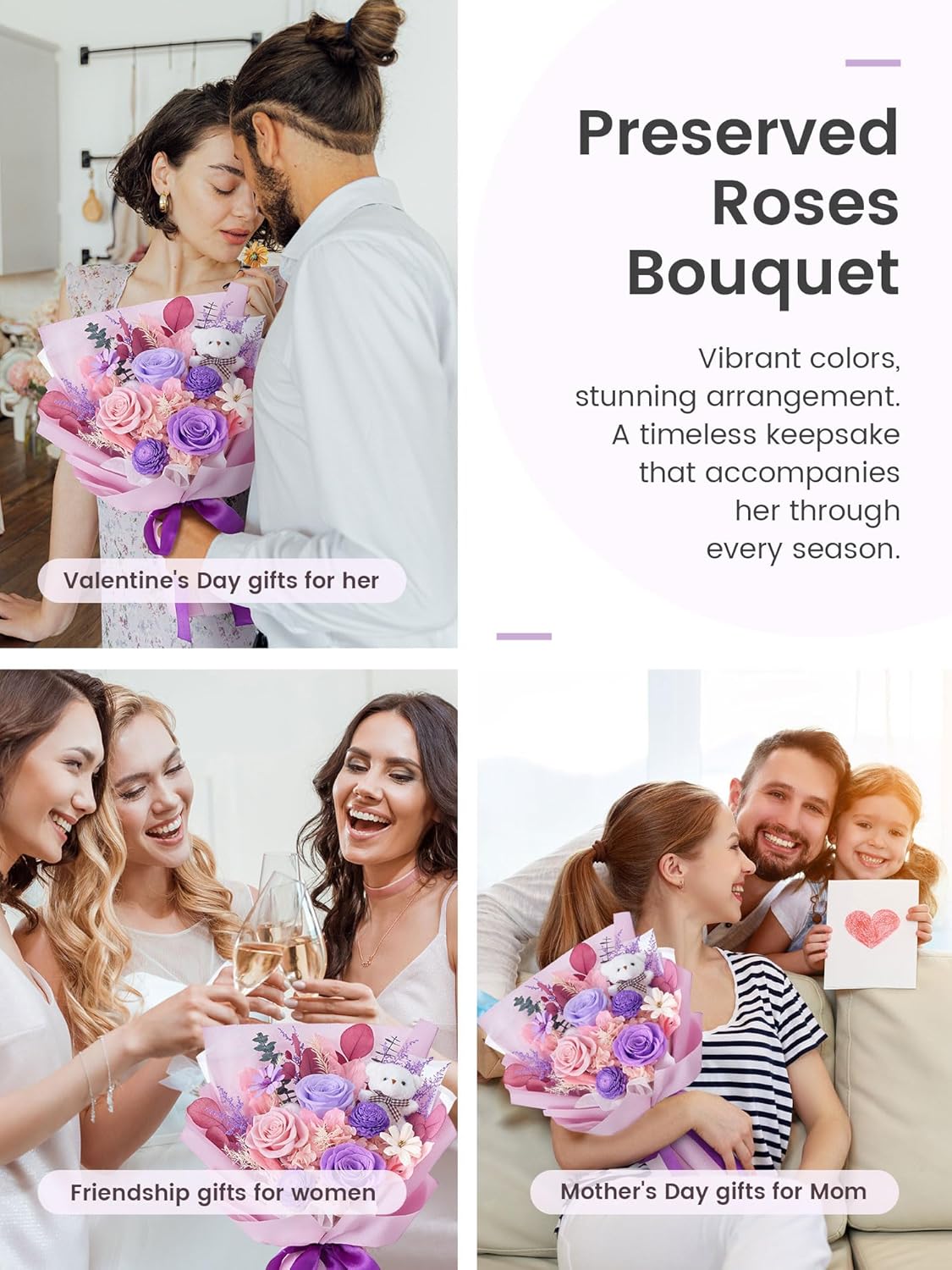 Polylove Preserved Flowers for Delivery Prime Forever Flowers Bouquet with Bear Flower Gift for Wife Women Birthday Mother Day Gift - Image 4