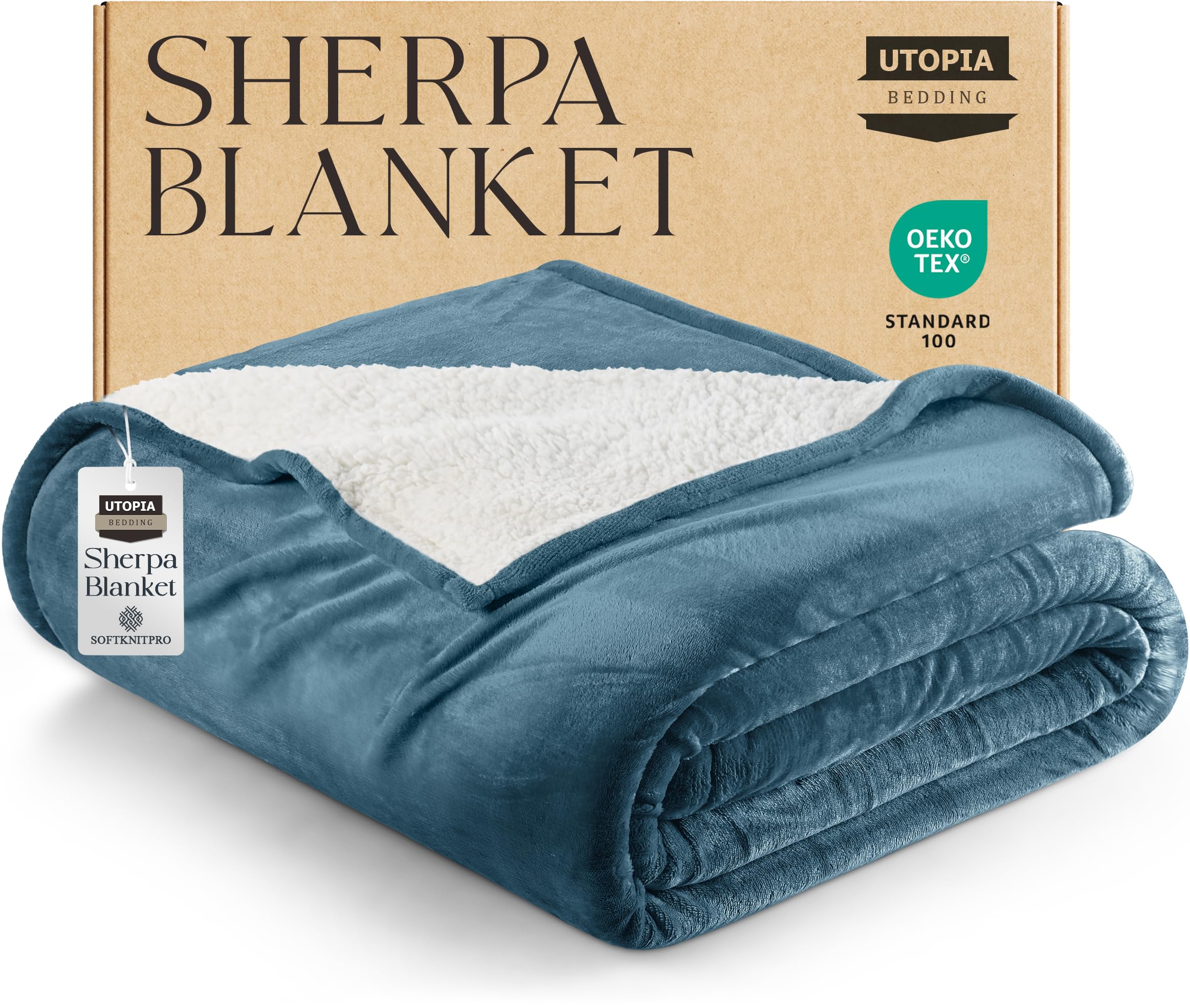 utopia bedding sherpa blanket king size (stone blue, 90x102 inches) - soft lightweight plush fleece reversible blanket for bed, sofa, couch, camping and travel