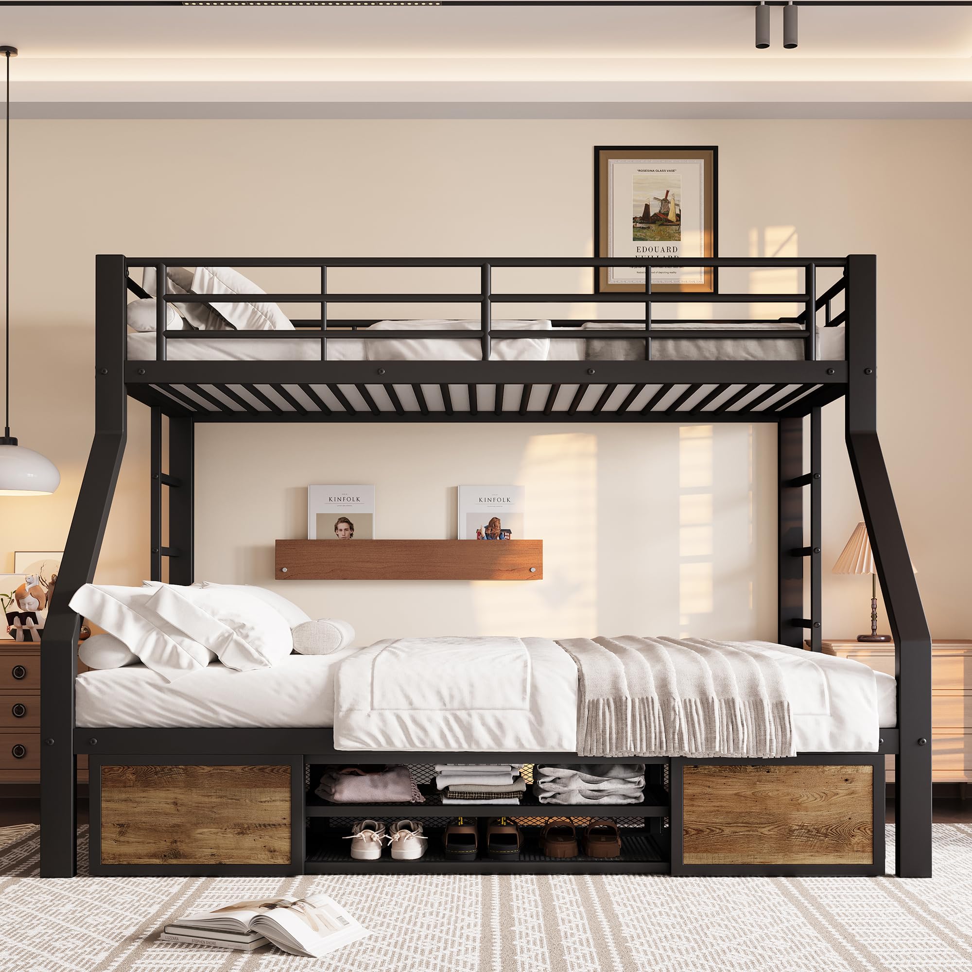 Cama apilable 90 x 200 cm+140 x 200 cm, cama infantil, con zapatero, compartimentos de almacenamiento, barandillas de seguridad, escalera, certificada EN747, sin colchón (Negro)