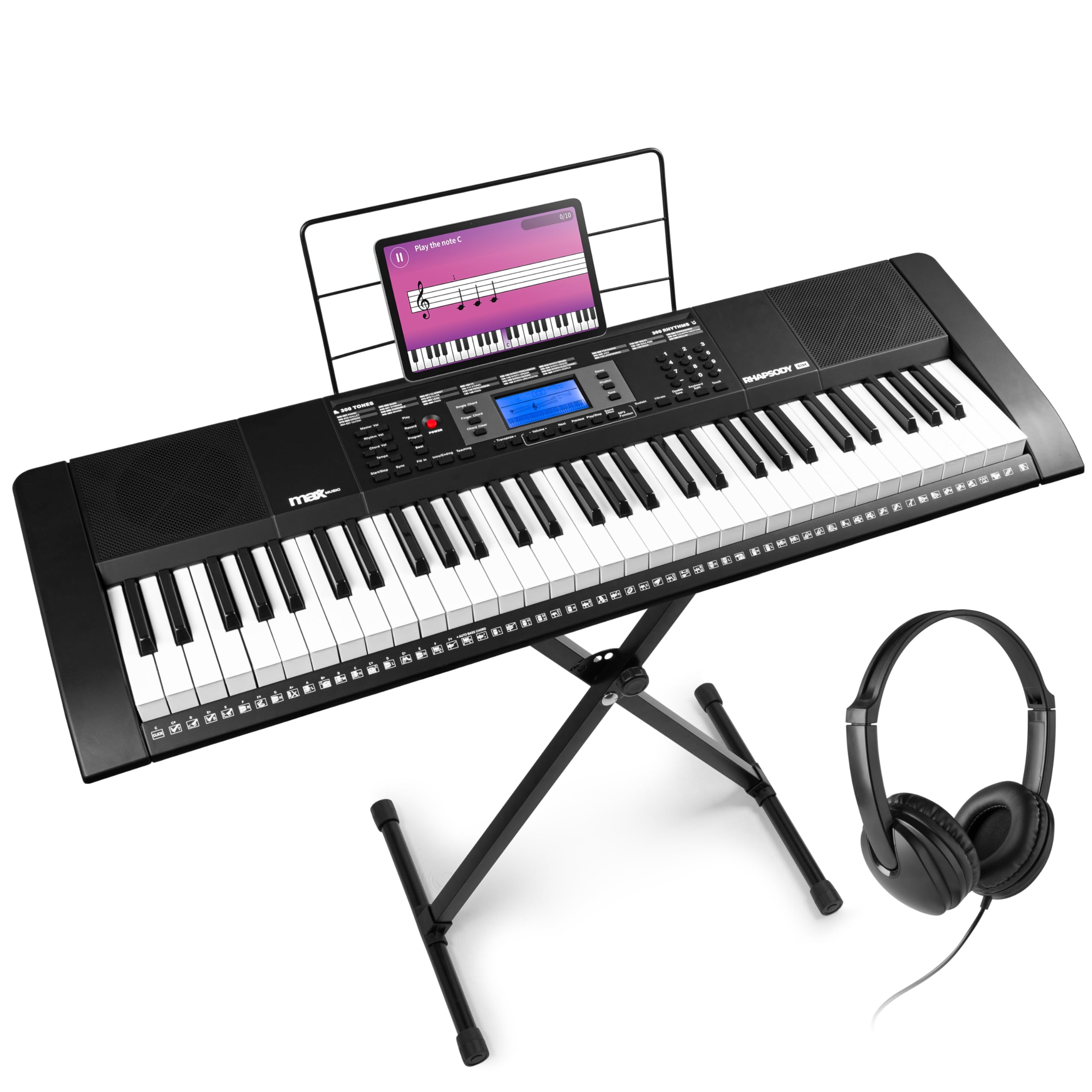 MAX Rhapsody61M - MIDI Keyboard Piano mit 61 Tasten mit Ständer und Kopfhörer, Anschlagdynamik, LCD Display, 8h Akku, 40 Demo-Songs für Anfänger, Piano Keyboard Lern-Funktion, 300 Sounds