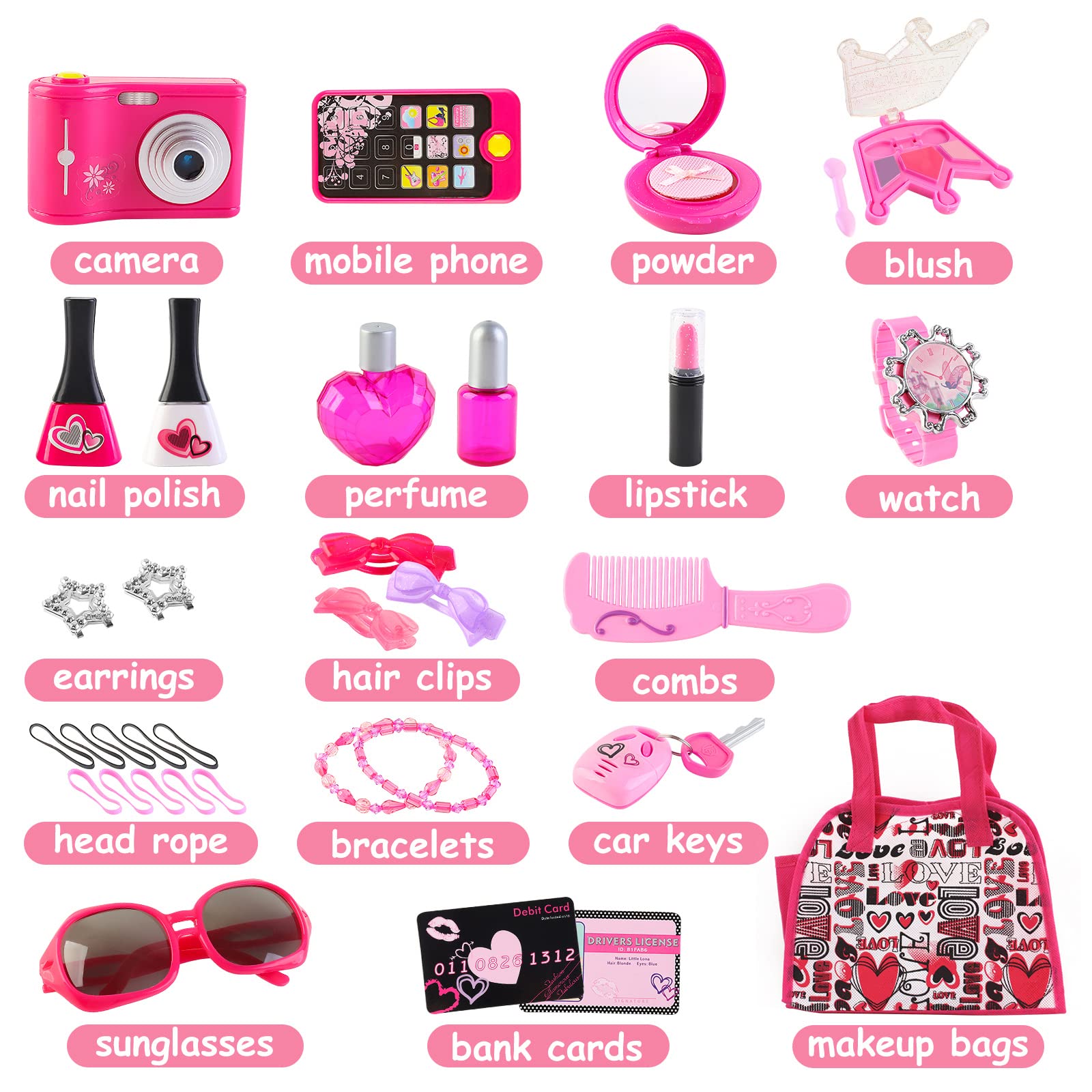 deAO Gioco di Bellezza Moda e Estilismo Set di Accessori Borsetta Fashion Include Il Trucco Artificiale Telefono e Fotocamera del Giocattolo con Luci e Suoni