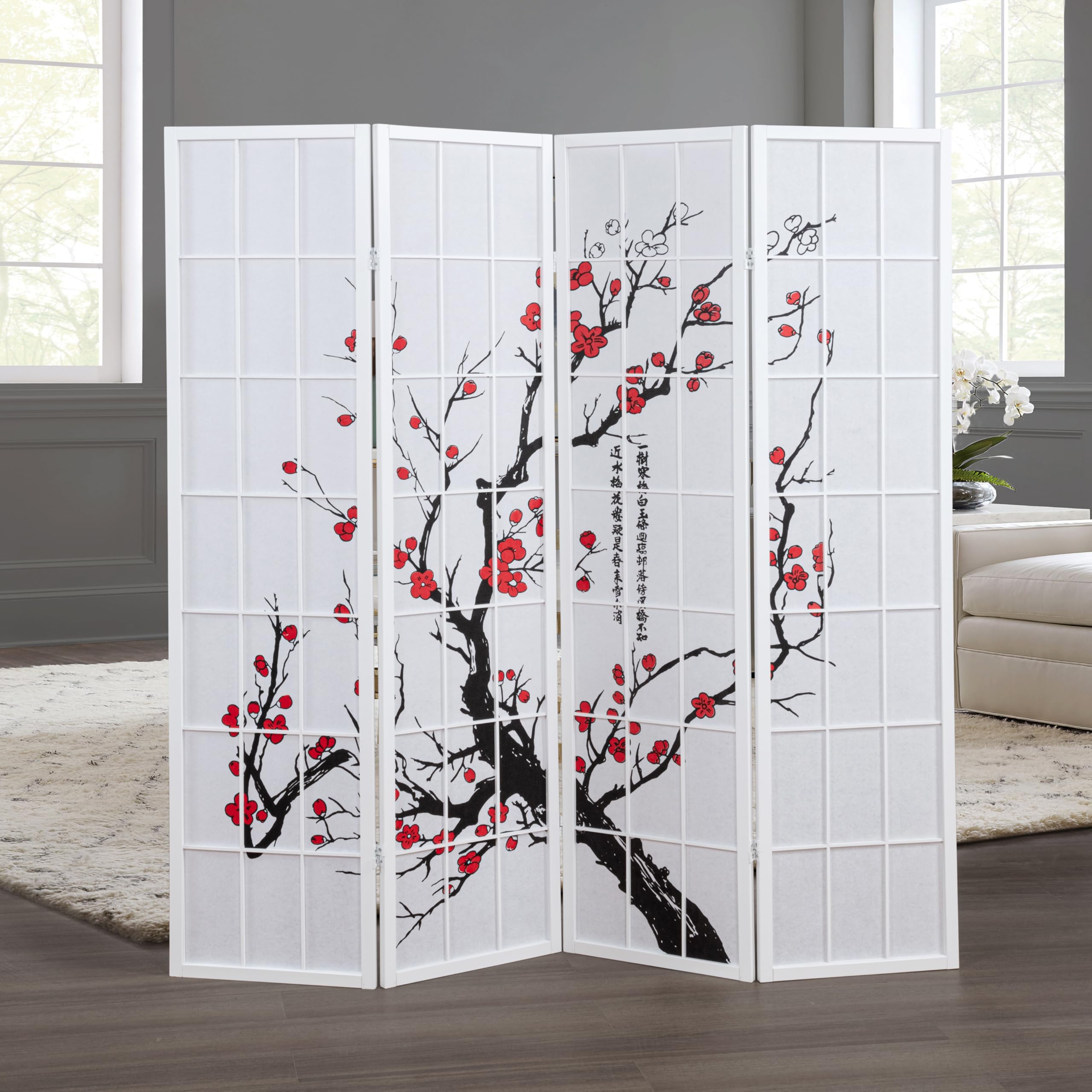 Roundhill Furniture White Japanese 4-Panel Screen Room Divider, Plum Blossom