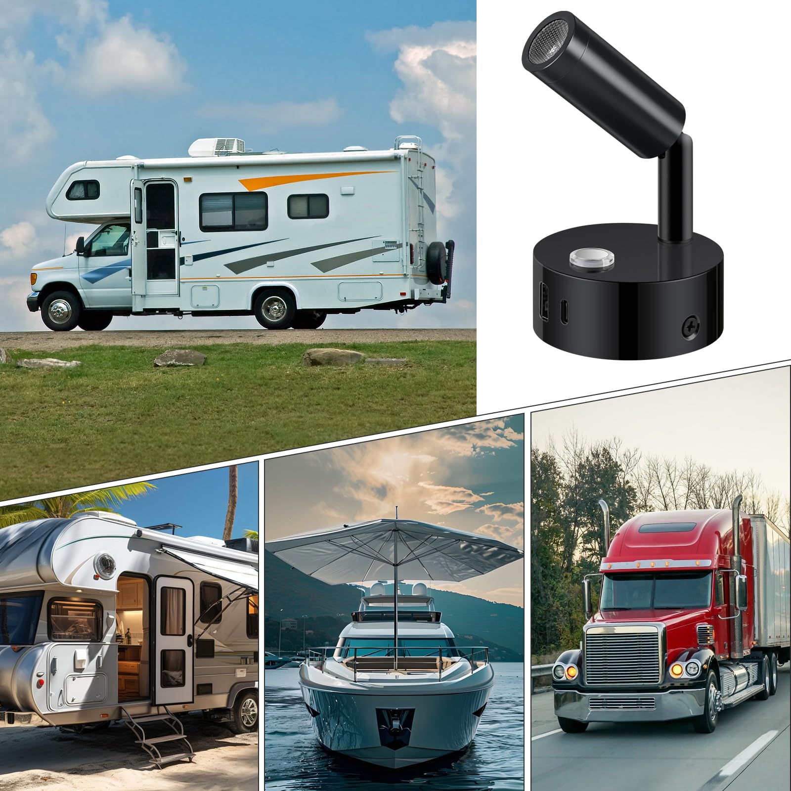 ERWEY 2er LED Leselampe 12V Wohnmobil,Wandleuchte Bettlampe mit Schalter Touch Dimmbar 3000K-6000K, DC 12V-24V Spot Innenbeleuchtung mit USB A+C-Anschlüssen für Boot Auto Van Yacht (Schwarz)