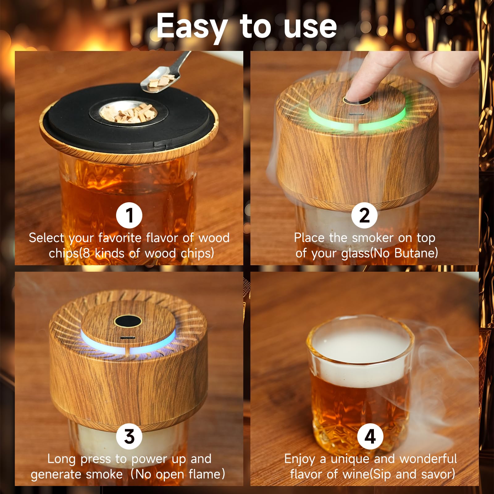 Kit per affumicare whisky con custodia in legno, affumicatore elettrico per cocktail e trucioli di legno da 8 gusti, kit per affumicatore vecchio stile Bourbon regali per uomini