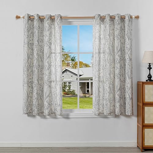 Miniatura 2 de MEETSKY Cortinas florales grises de 63 pulgadas de largo, cortinas con textura de lino para ventanas pequeñas, cortinas semitransparentes con ojales