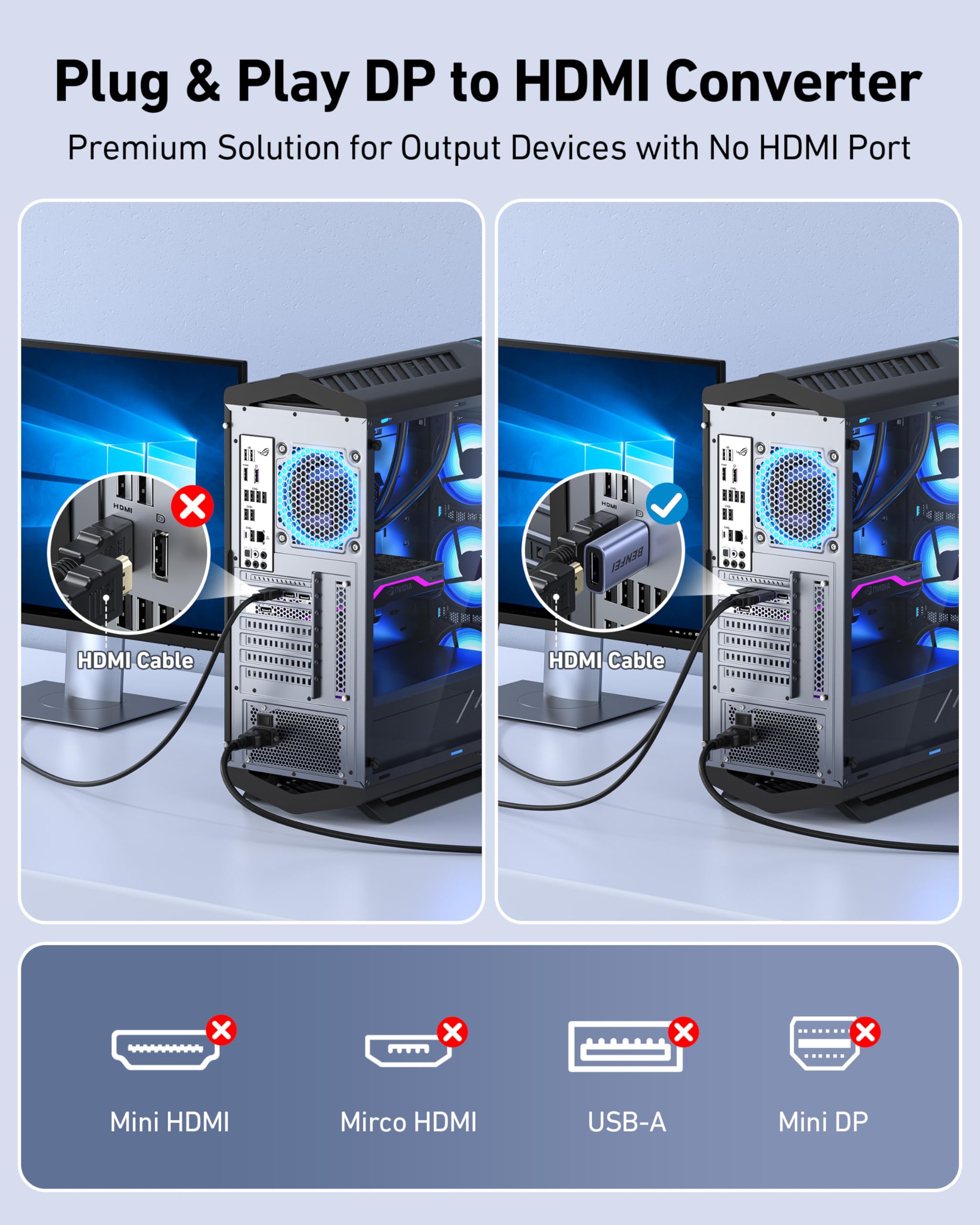 BENFEI Adattatore DisplayPort a HDMI 4K, confezione da 2, convertitore unidirezionale DP 1.2 a HDMI 1.4 maschio a femmina - Compatibile con laptop, desktop, monitor, HDTV, schede grafiche AMD/NVIDIA