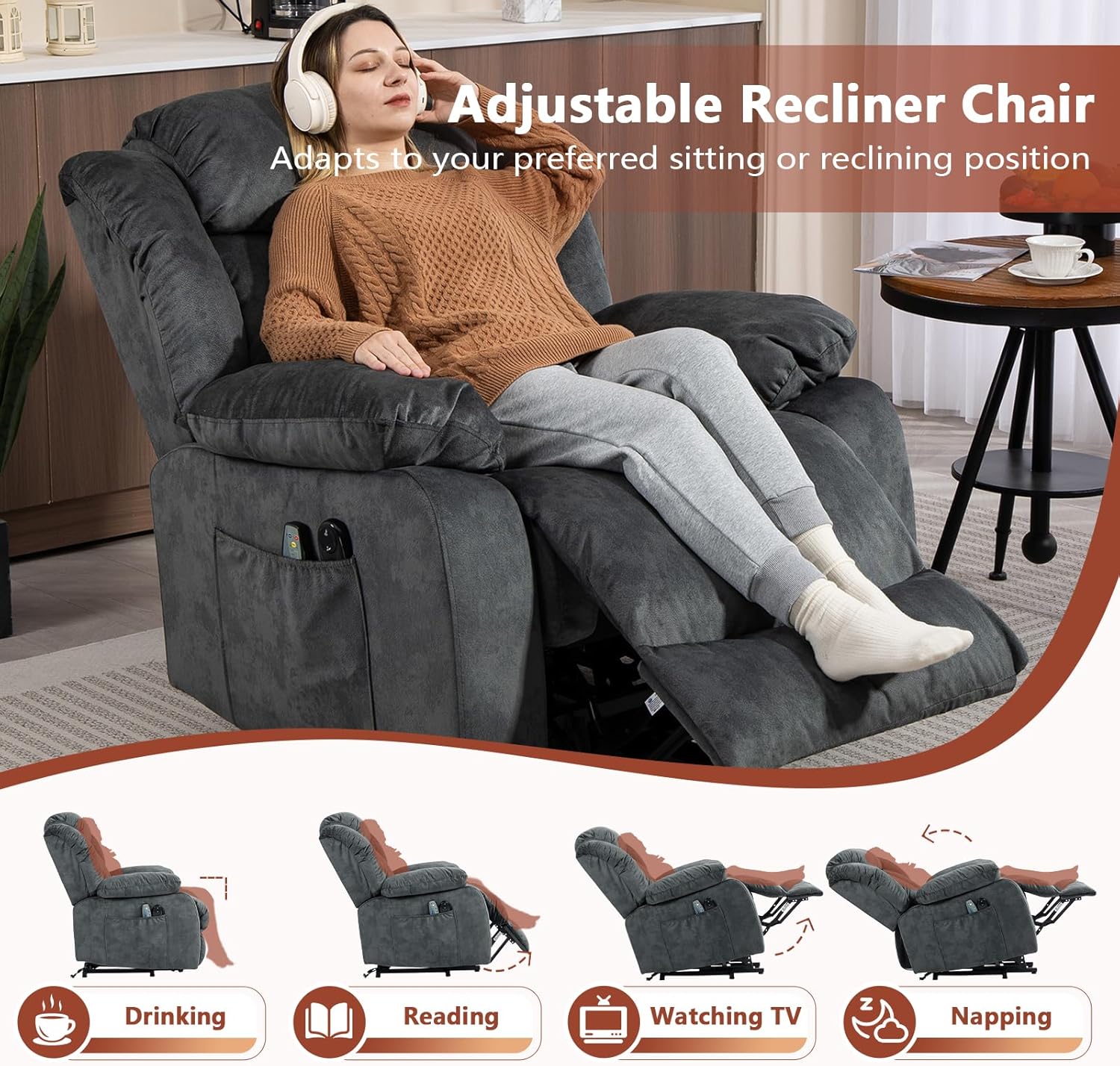 cinkehome Power Lift Recliner Chair for Elderly with Heated Massage, Electric Lift Chairs, Overstuffed Reclining Chair with Remote Control and Side Pockets for Living Room Bedroom (Velvet Gray)