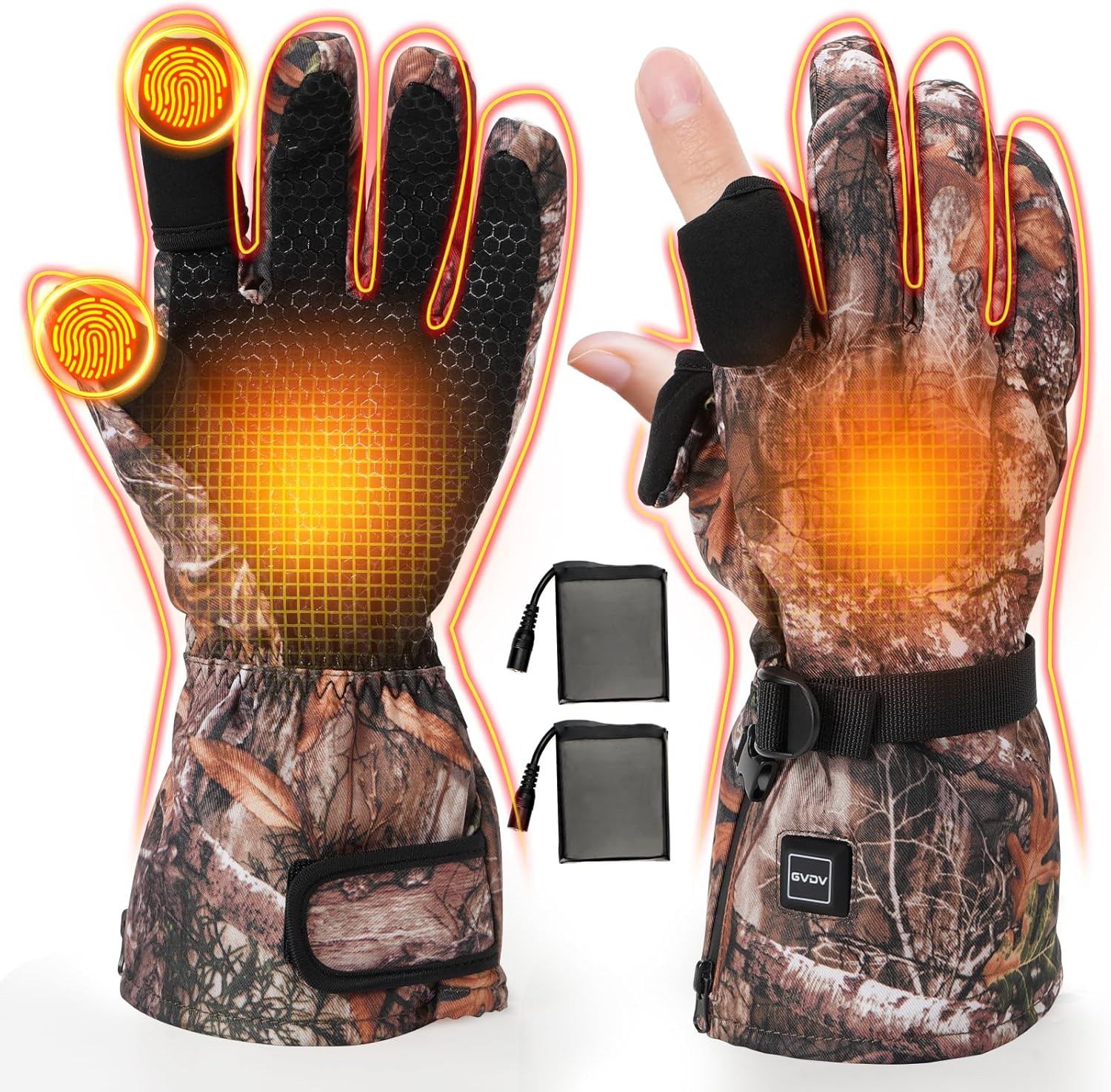 GVDV Hunting Heated Gloves for Men, 7.4V 3400mAh Rechargeable Touch Screen Heating Gloves with 2 Battery Packs, Winter Hand Warmers Glove for Outdoor Hunting Fishing Shooting Hiking, Camouflage Large
