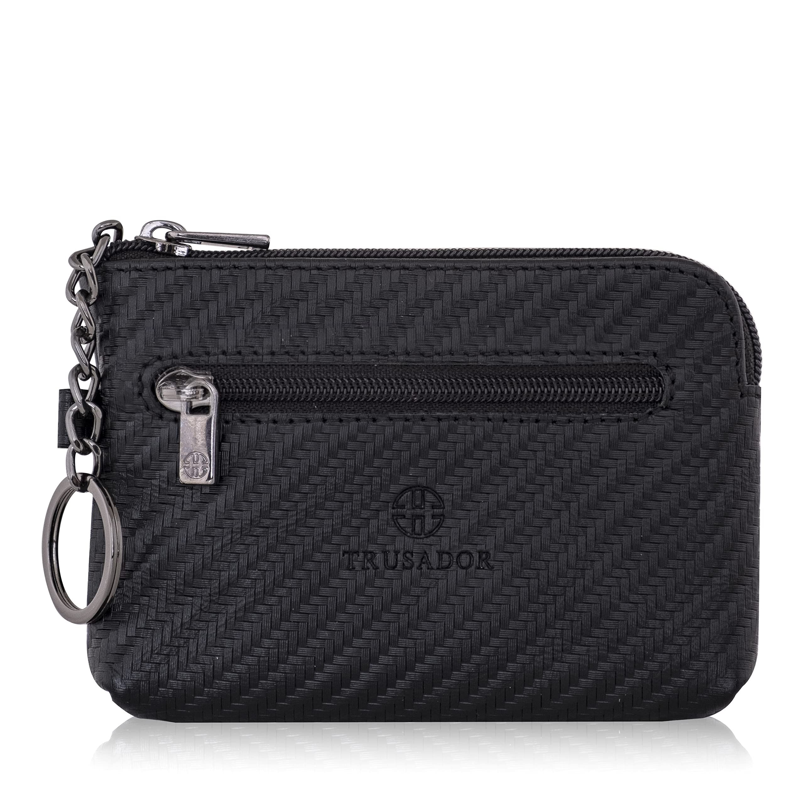 Trusador Milano Unisex Leather Front Pocket Wallet Coin Purse Zipper Pouch with Keychain (Carbon)