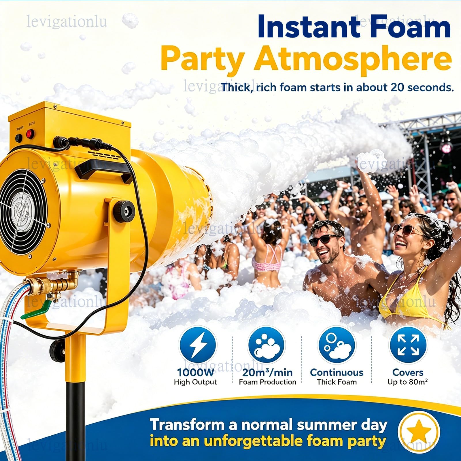 Máquina de Espuma 1000W para Fiestas – Cañón de Espuma con Alcance de 5 m y Producción de 20 m³/min, Maquina Espuma para Pool Parties, Cumpleaños y Festivales