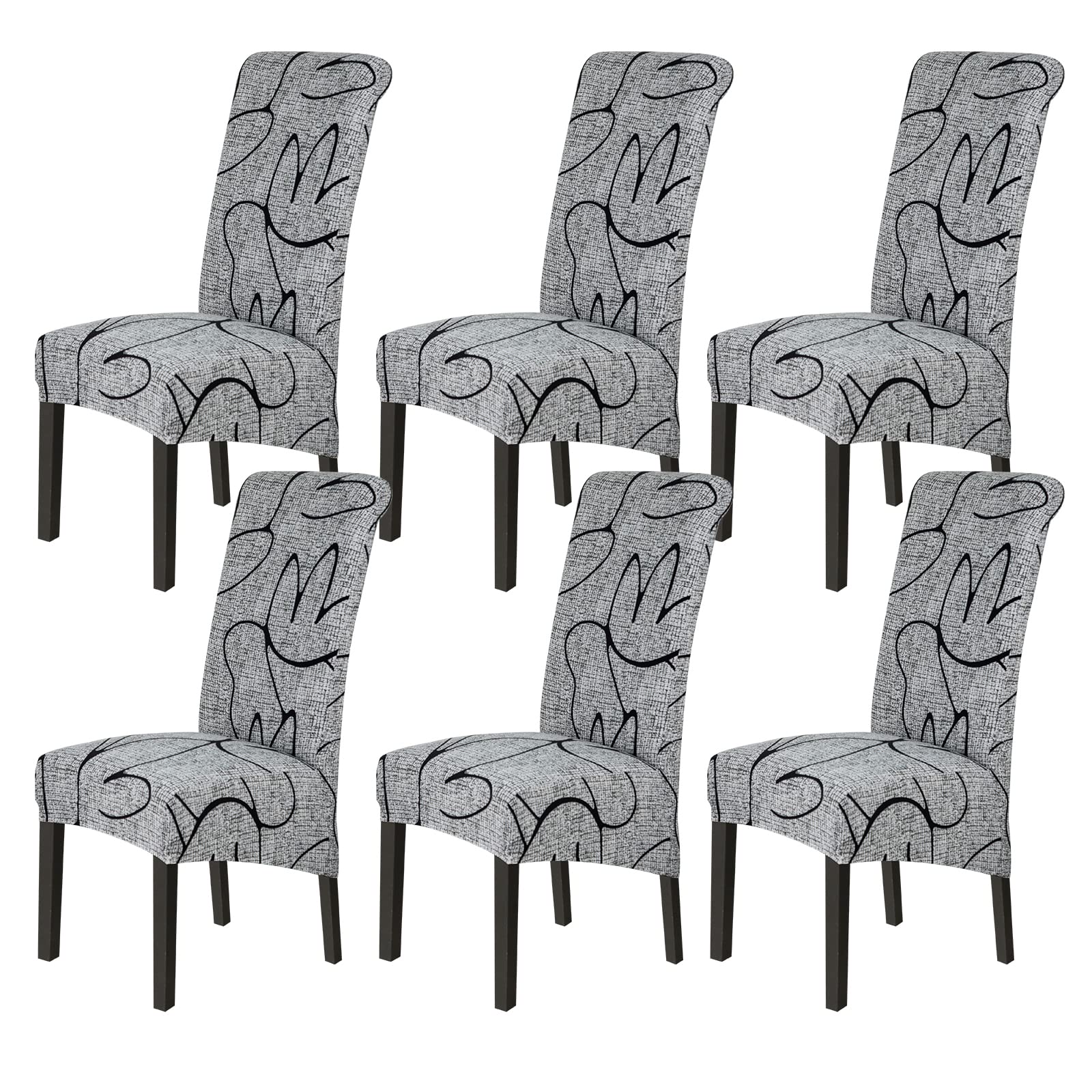 Jaotto Fundas para Sillas de Comedor XL Pack de 6,Grande Fundas de Sillas de Comedor Respaldo Alto Elásticas Lavables,Modernas Cubiertas para Sillas para Hotel Banquete,Flor Gris