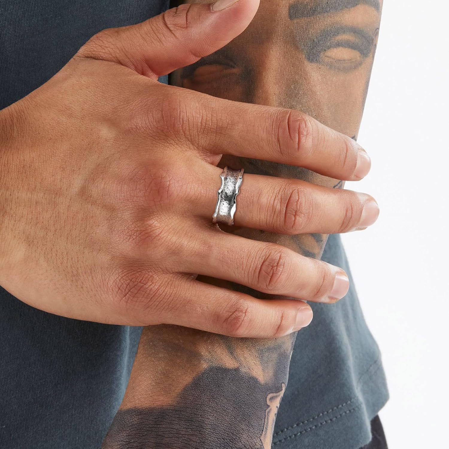 HZMAN Vintage Antique Irregular Ring for Men Women, Crater Meteorite Finish Stainless Steel Ring, Retro Gothic Punk Biker Band, Unique Cocktail Jewelry Gift, Sizes 7-12 - Image 3