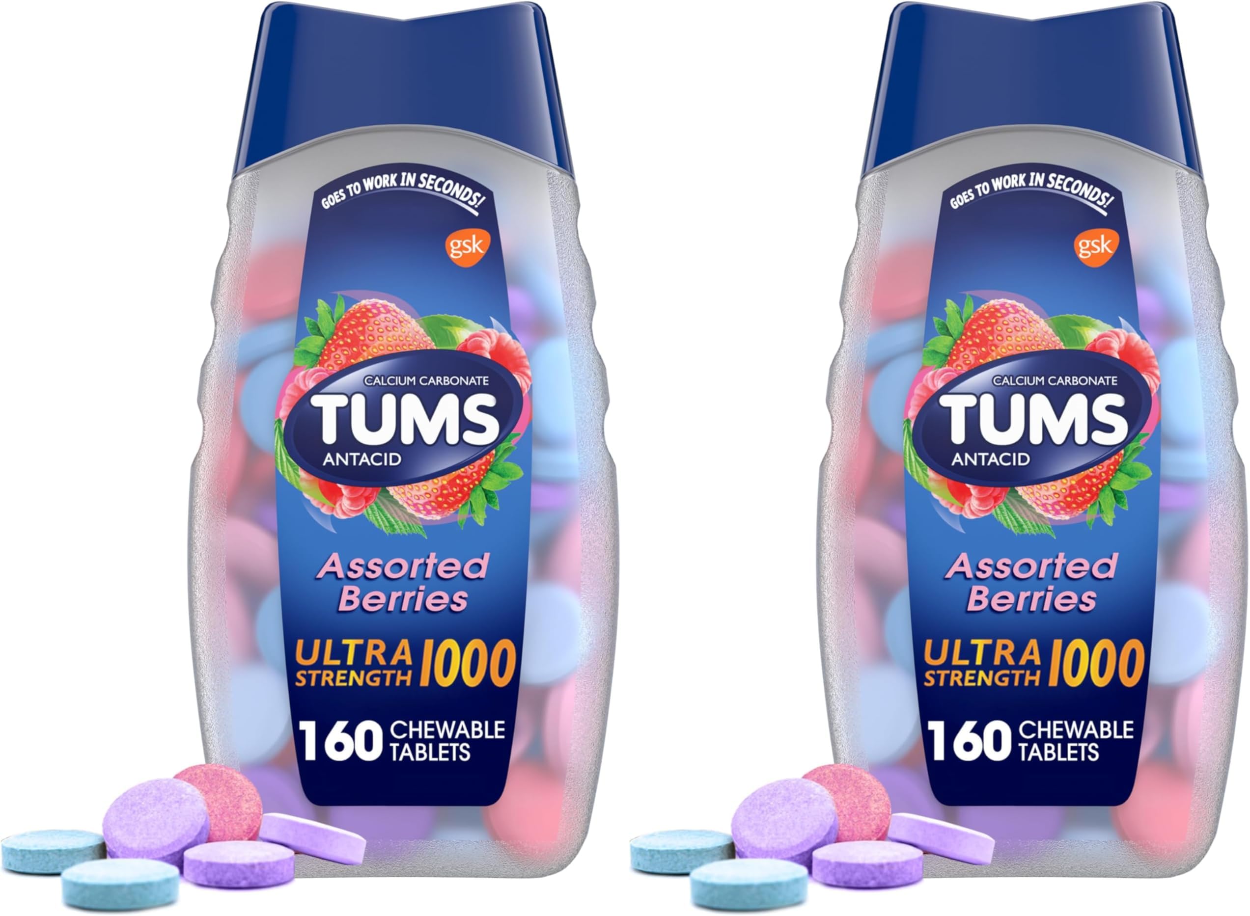 Ultra Strength Chewable Antacid Tablets for Heartburn Relief and Acid Indigestion Relief, Assorted Berries - 160 Count (Pack of 2)
