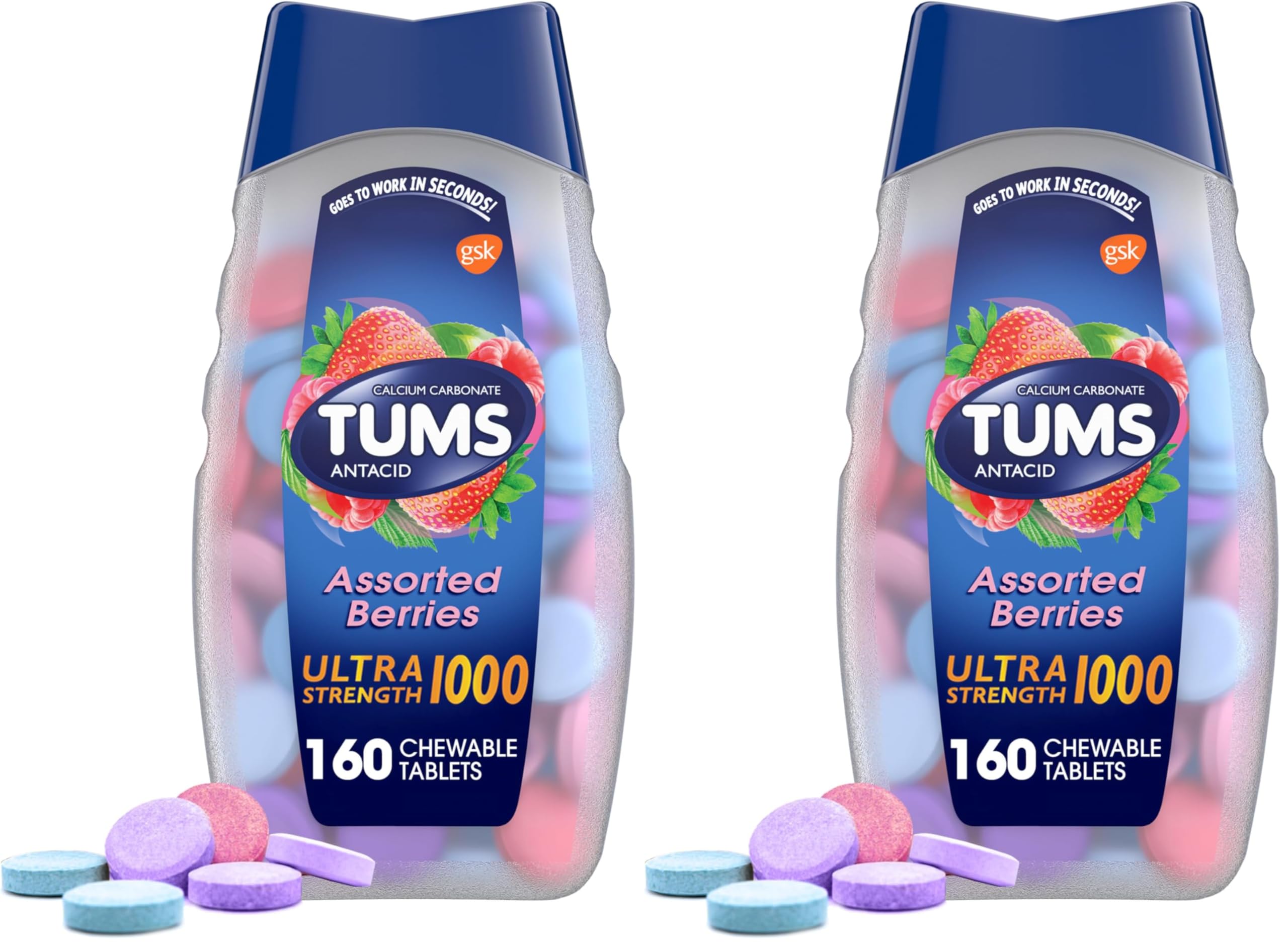 TUMS Ultra Strength Chewable Antacid Tablets for Heartburn Relief and Acid Indigestion Relief, Assorted Berries - 160 Count (Pack of 2)