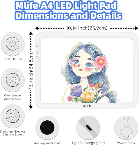 Miniatura 2 de Mlife Caja de luz para trazado, atenuación continua, 6 ajustes de brillo de hasta 8860 lúmenes, tablero de luz de dibujo inalámbrico y portátil para