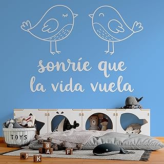 Vinilo para Pared con Frase "Sonríe que la Vida Vuela", Pegatina Decorativa con Pájaros para Dormitorio Infantil, Guarderí...