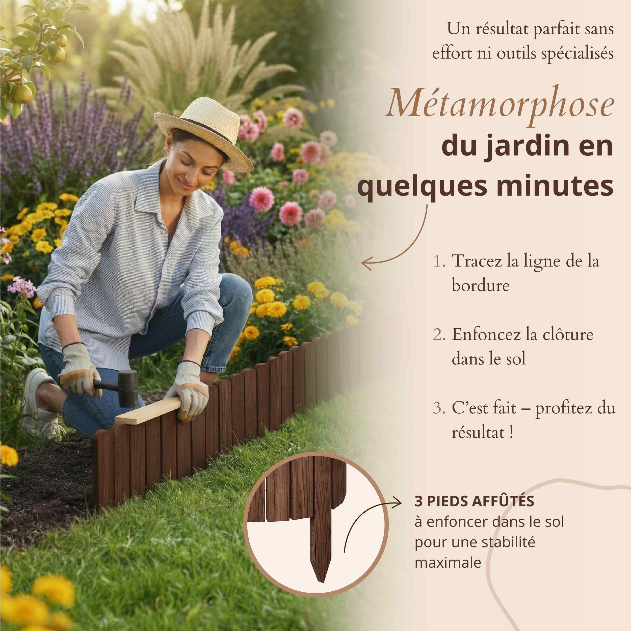 Floranica Bordure de Jardin en Bois 30 x 100 cm Brune Bordurette de Pelouse Bordure de Gazon avec piquets Bordure de Parterre