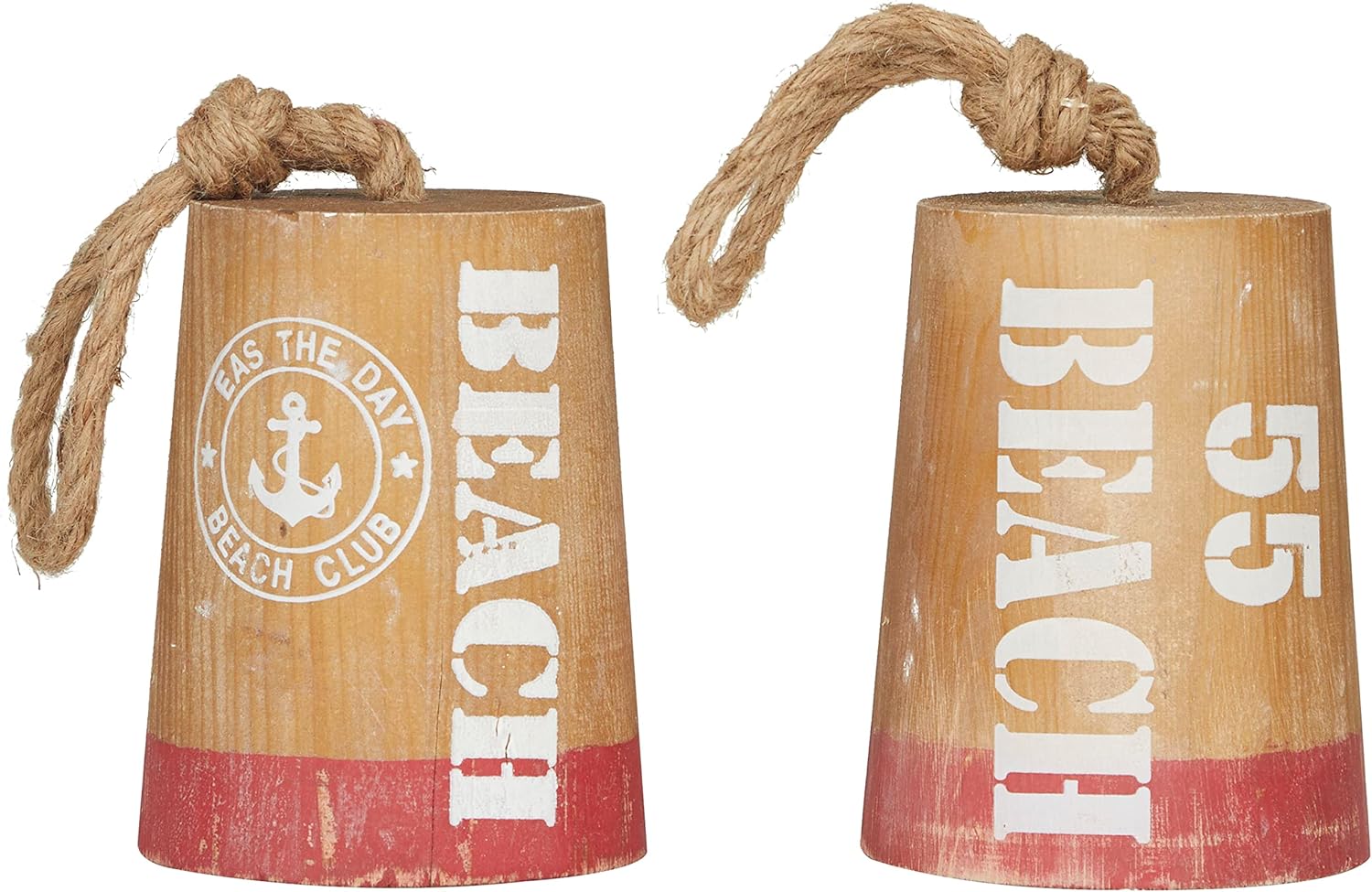 Deco 79 Wood Buoy Door Stopper Sculpture with Rope Accents, Set of 2 5"W, 8"H, Brown