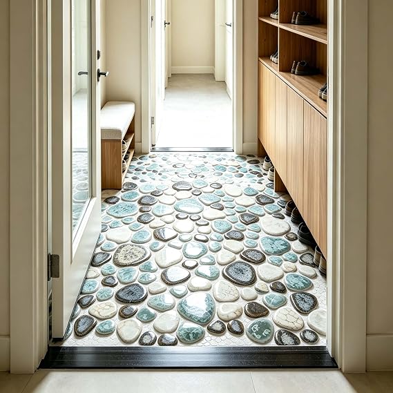 Ceramic Pebble Mosaic Tile, Ocean Blue, Cream & Coffee, 10 Sq Ft