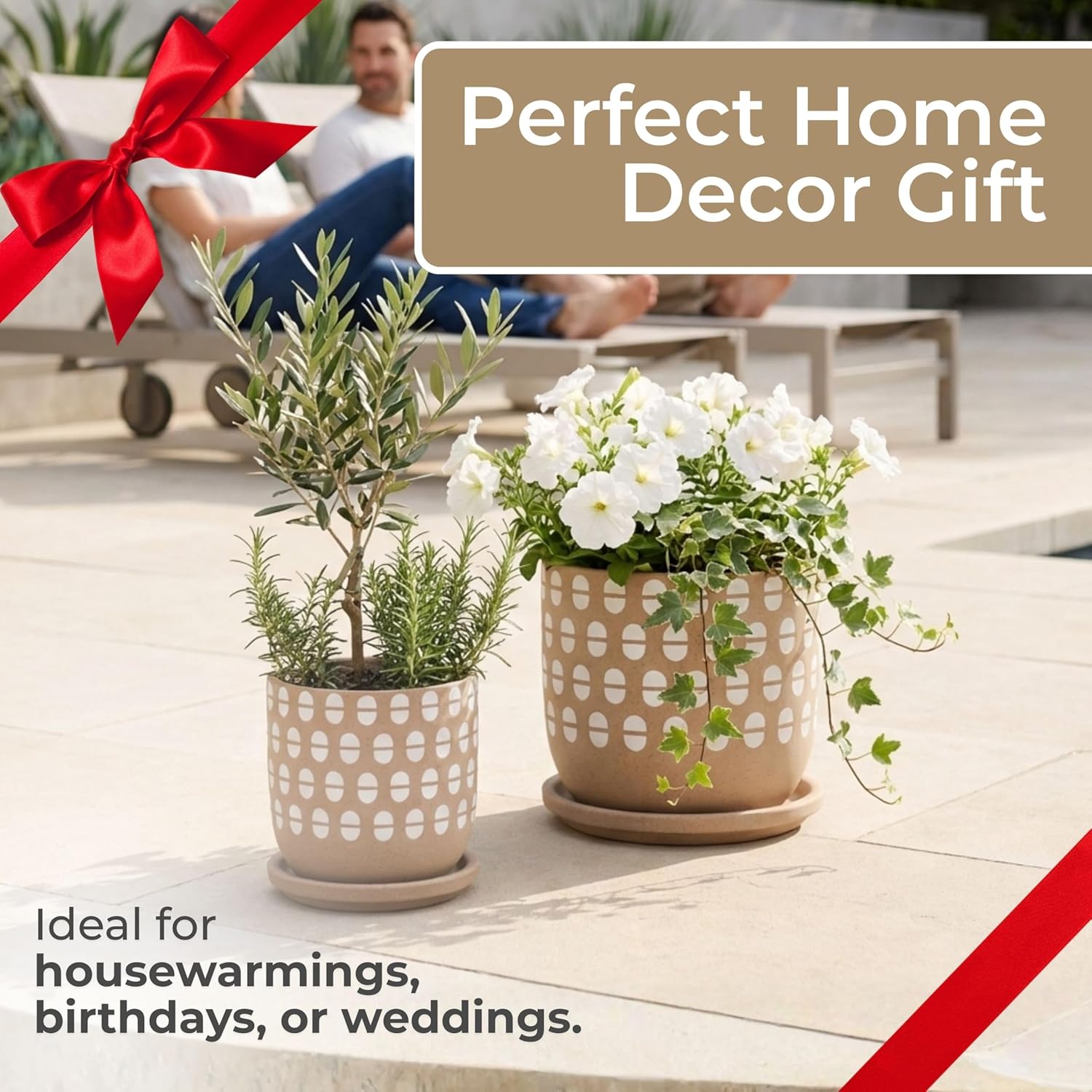 Sagebrook Home Set of 2 Saucer Planters with Drainage Tray - Stoneware Ceramic Indoor Outdoor Pots - Modern Garden Decor for Home & Patio - 6", 5" Tan