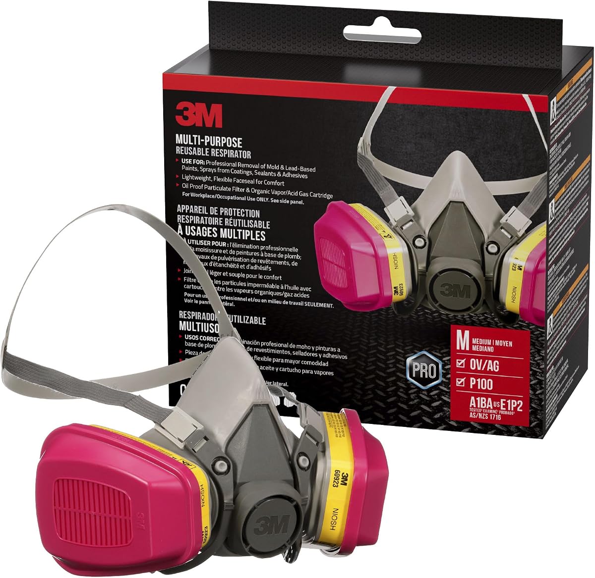 P100 / OV/AG Multi-Purpose Reusable Respirator 62023, Medium | NIOSH-APPROVED P100 / Organic Vapor / Acid Gas Rated Filters Adjustable Head Straps Comfortable & Lightweight (62023H1-DC)