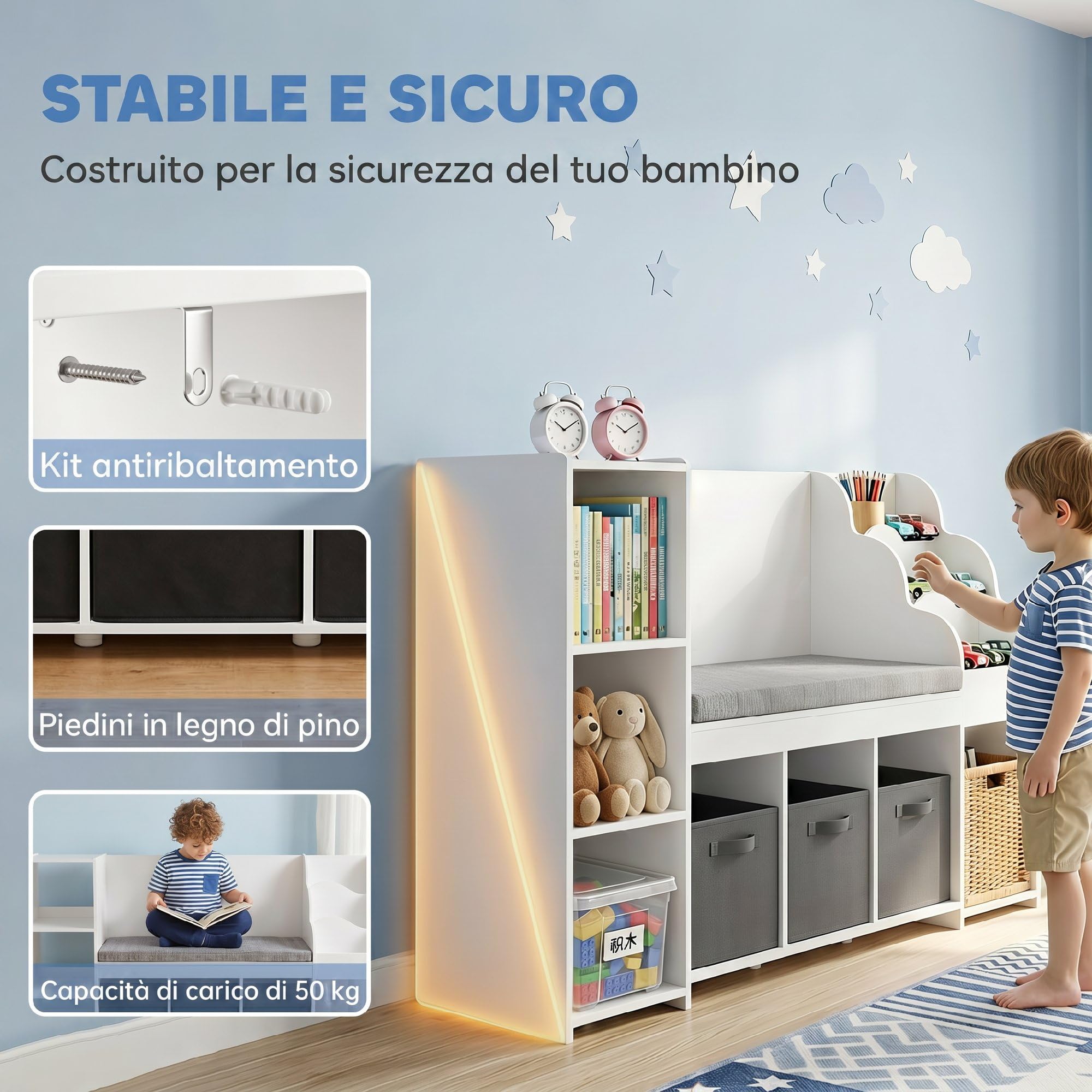 AIYAPLAY Scaffale Portagiochi Bambini, Libreria Montessoriana per Bambini in Legno 3-8 Anni con Libreria a 3 Livelli, 3 Cassetti in Tessuto, 4 Scomparti, Cuscino, per Cameretta, 137x40x80cm, Bianco