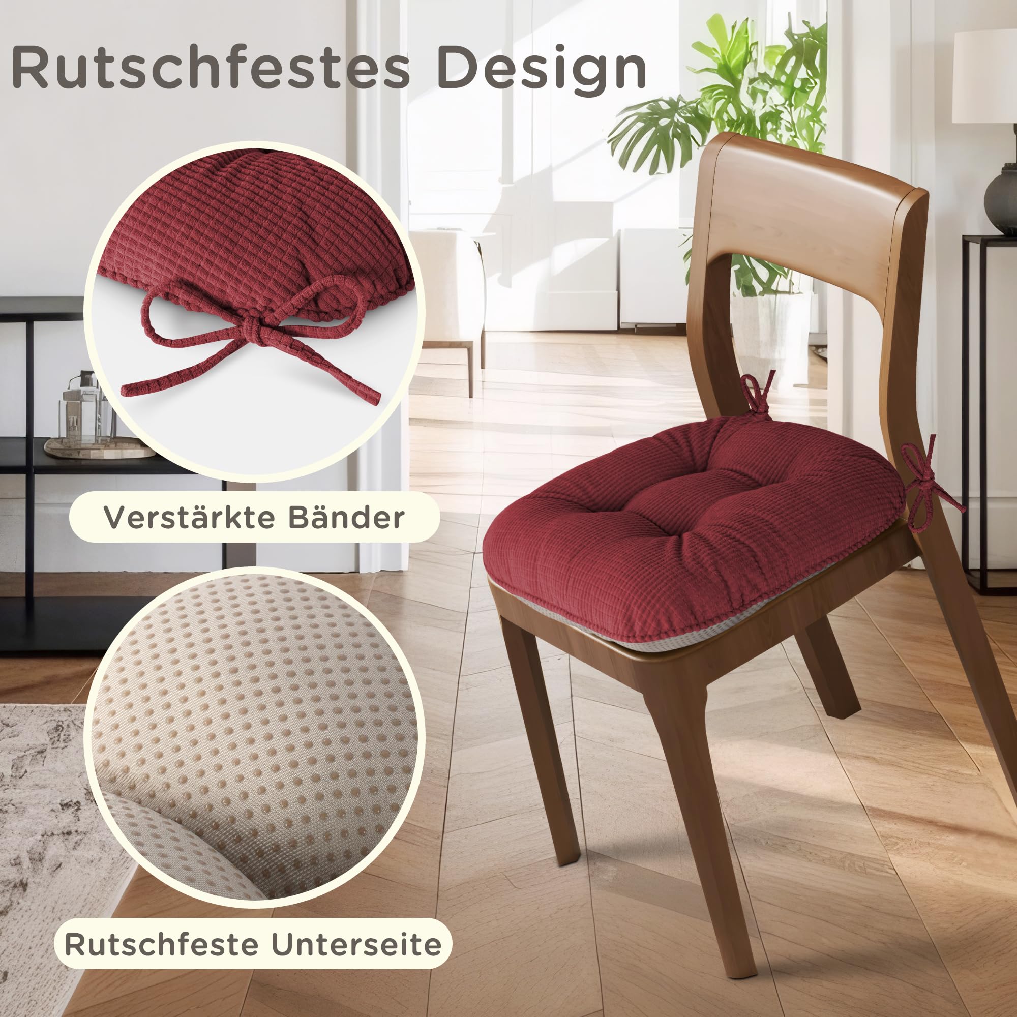 Innenbereich-Sitzkissen für Esszimmer, 4er-Set, rutschfeste Sitzpolster mit Bändern, geftütete Sitzkissen, 43X40X7.5cm/17"X16"X3", Rot