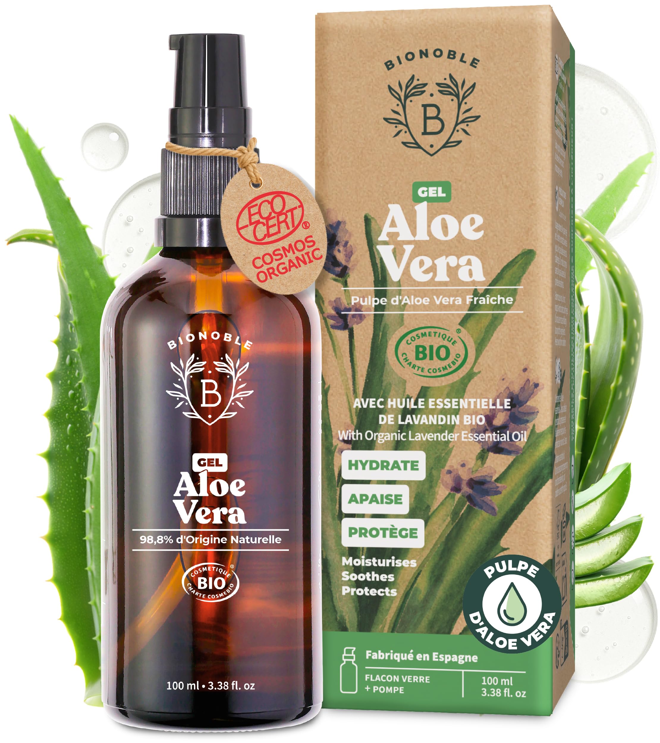 BIONOBLE Gel Aloe Vera Bio 97% avec Huile Essentielle de Lavande - Gel Aloe Vera Cheveux Bouclés 100% Pur Pulpe - Hydrate, Apaise - Visage, Coup de Soleil, Corps, Rasage - Flacon Verre, Pompe - 100ml