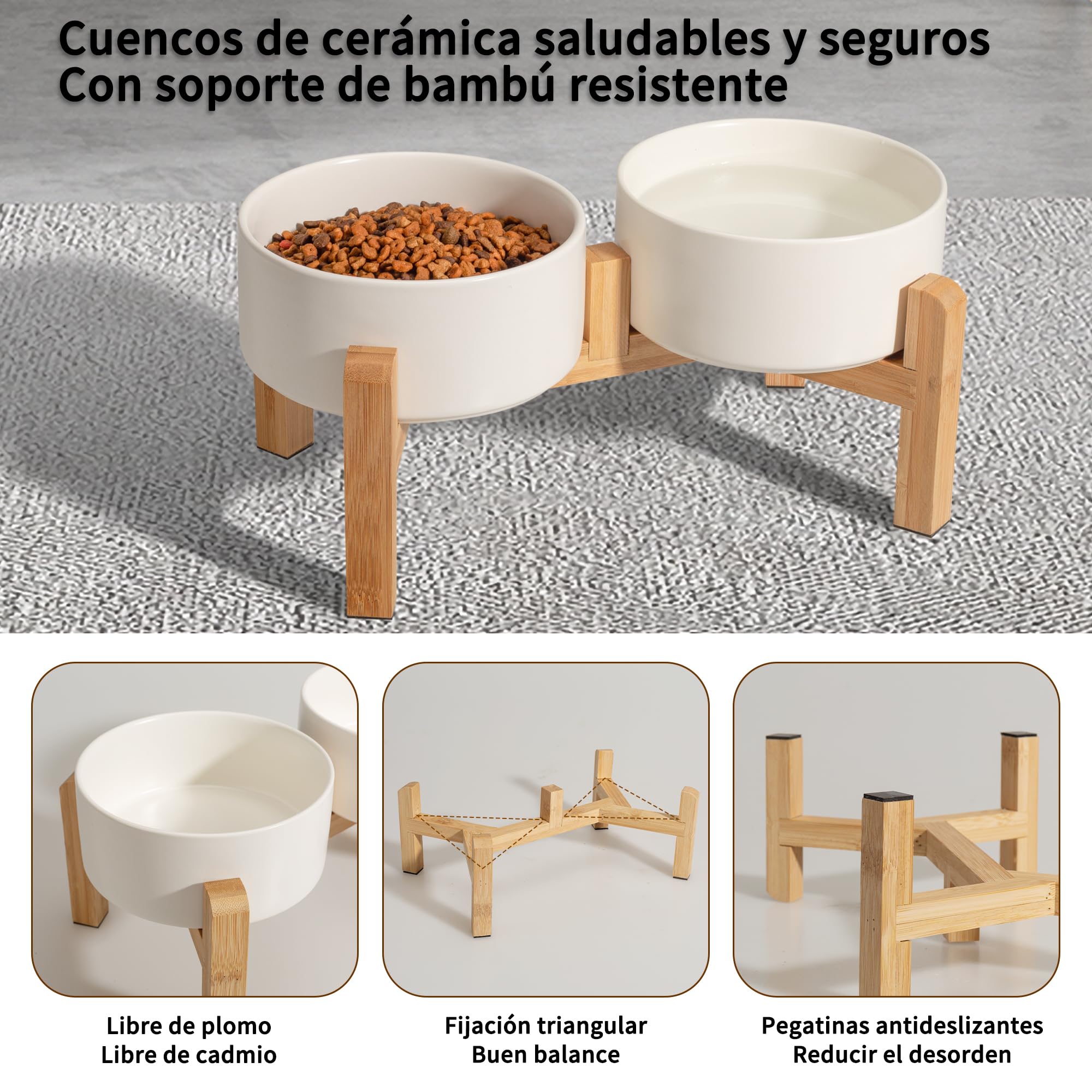 Juego de cuencos elevados de cerámica para perros, cuencos elevados con soporte de bambú antideslizante, platos pequeños para mascotas para alimentos y agua, ideal para gatos y cachorros, 16 onzas, 2