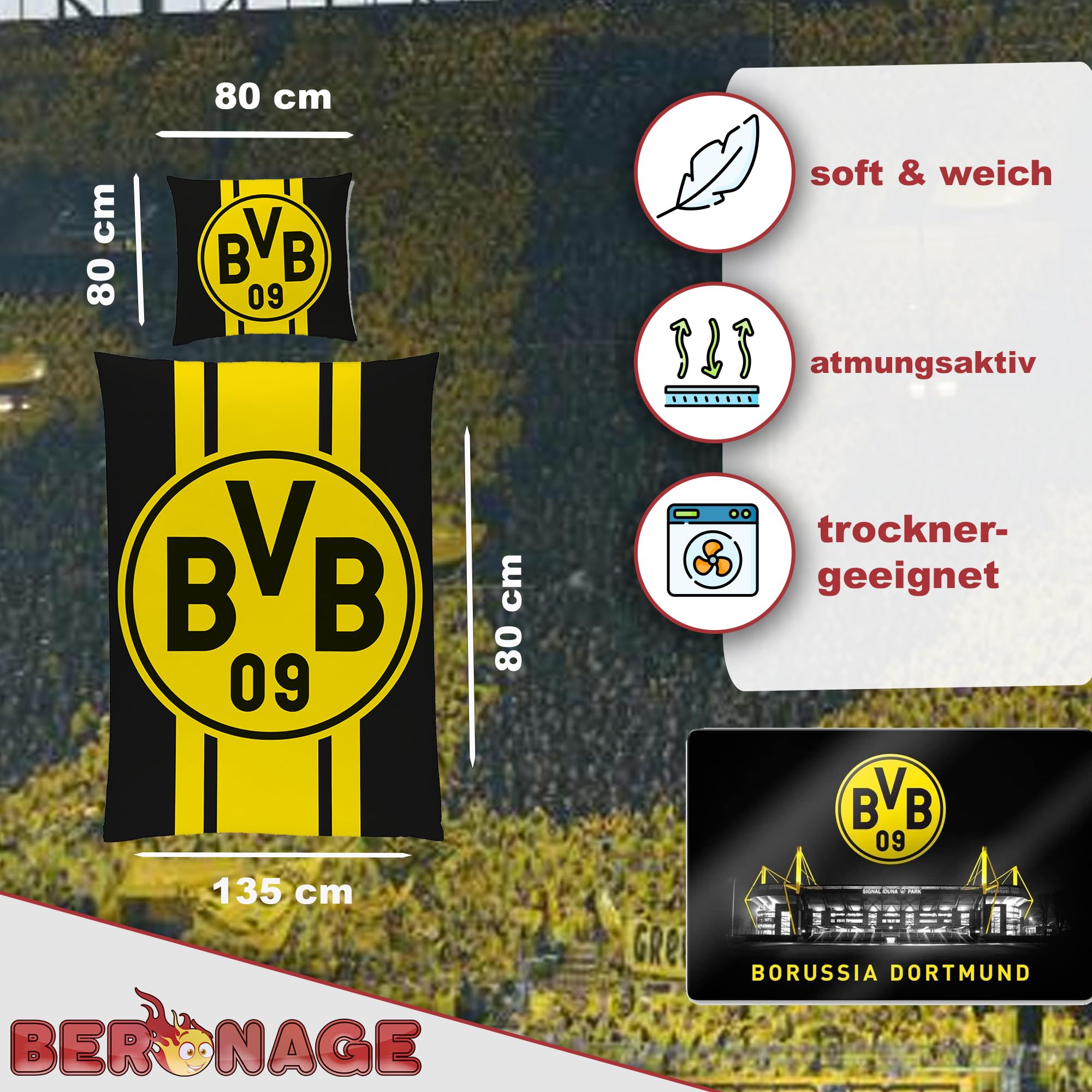Dortmund Borussia BVB 09 Wende-Bettwäsche 135 x 200 cm + 80 x 80 cm 100% Baumwolle Renforcé-Linon Fußball Bettwäsche Logo Motiv Echte Liebe Heja BVB Reißverschluss deutsche Größe