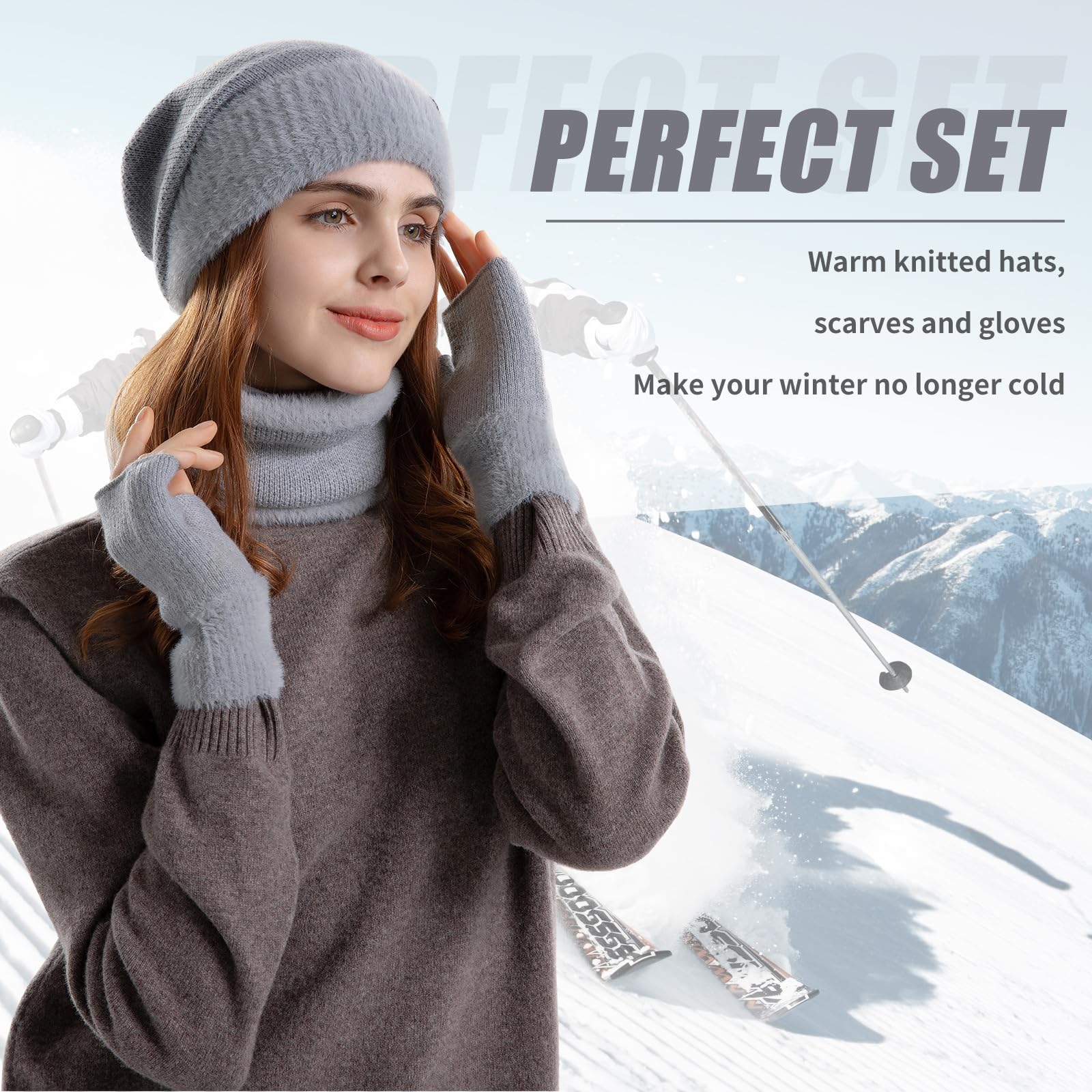 Zestaw czapek i szalików dla kobiet z podszewką polarową, czapka, szalik i rękawiczki, zestaw damski, 3 w 1, termiczna dzianinowa czapka beanie, ocieplacz na szyję, rękawiczki bez palców, dla