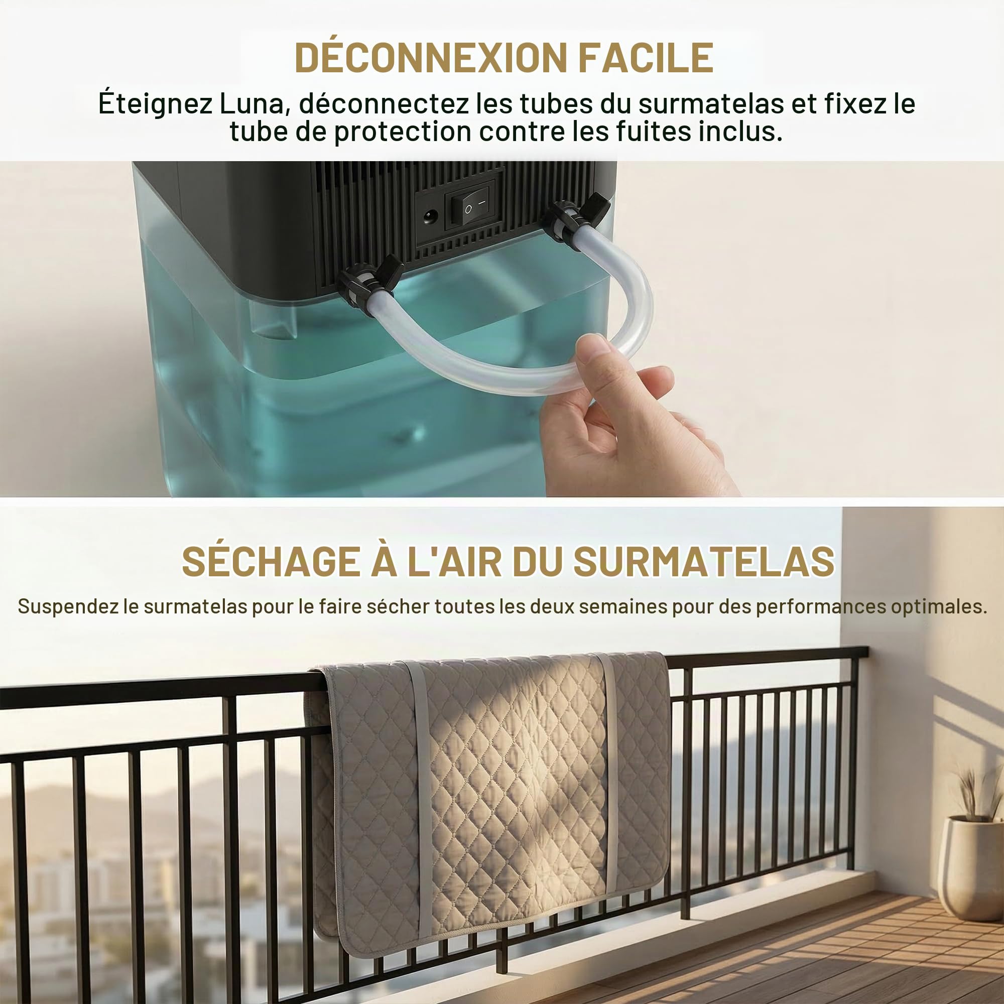 Refroidisseur Luna pour Matelas à Eau - Silencieux et Compact | Confort Réversible Double Face, Circulation Liquide Réfrigérée, Endormissement Profond, sans Abonnement ni Frais Cachés -Gris