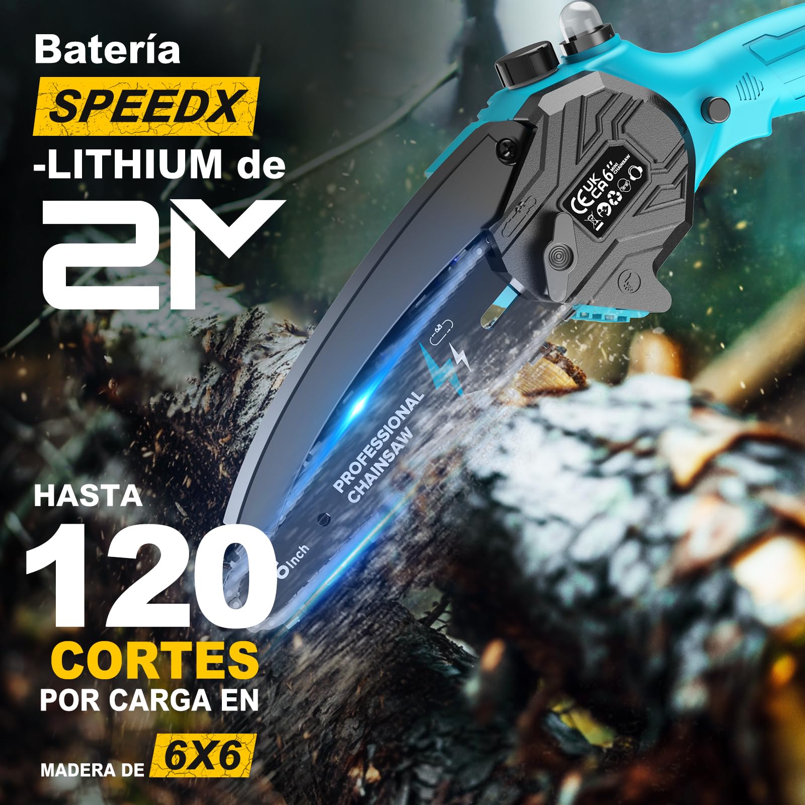 Mini Motosierra Bateria 6 Pulgadas, Motosierra Eléctrica con 2x4000mAh Bateria, Sierra Electrica con Cadena Reemplazable, Depósito Para El Aceite, para Podar Arboles Jardinería DIY