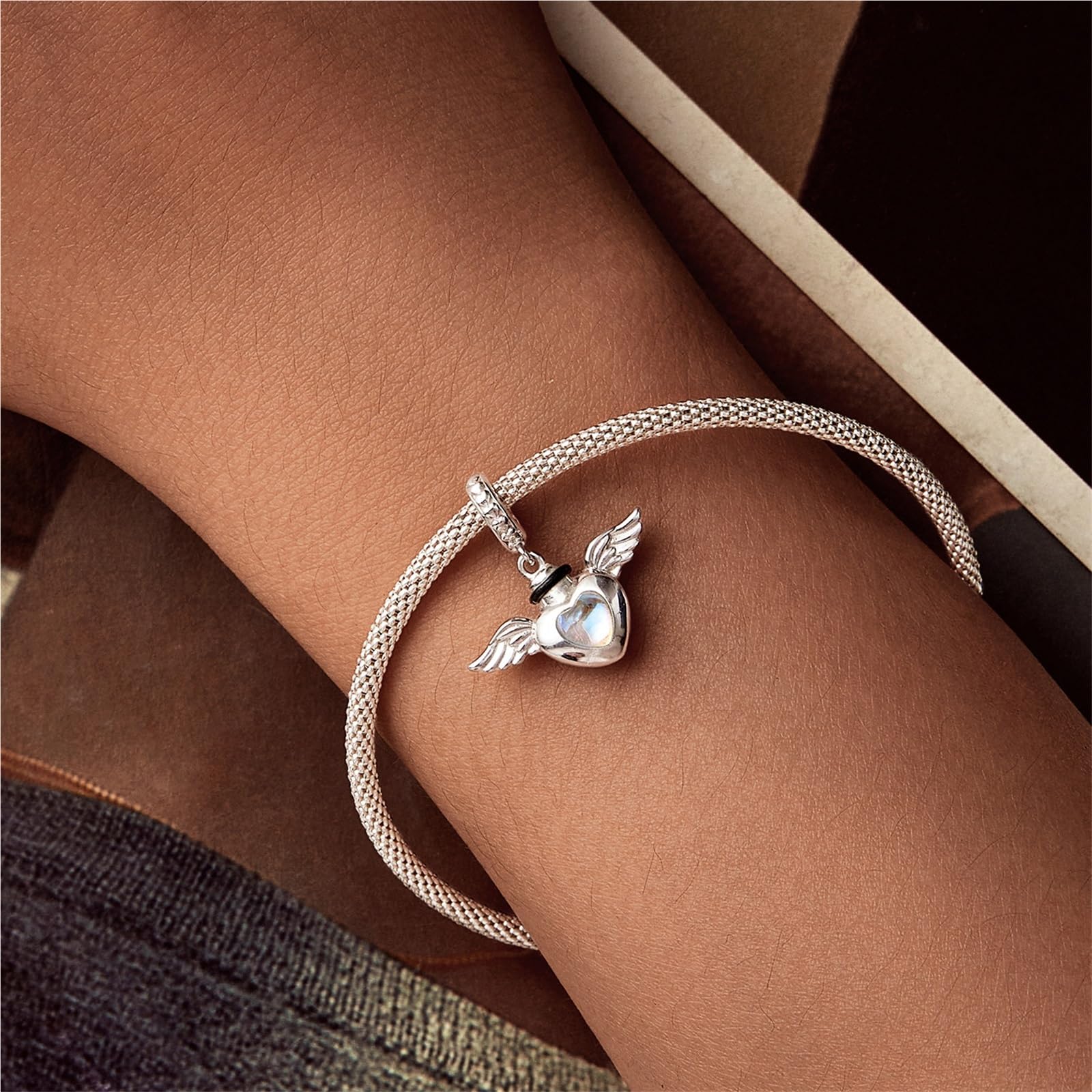 Zawieszki do bransoletek Pandora, zawieszka DIY w kształcie serca i skrzydła ze srebra próby 925, pamiątka, biżuteria z prochami