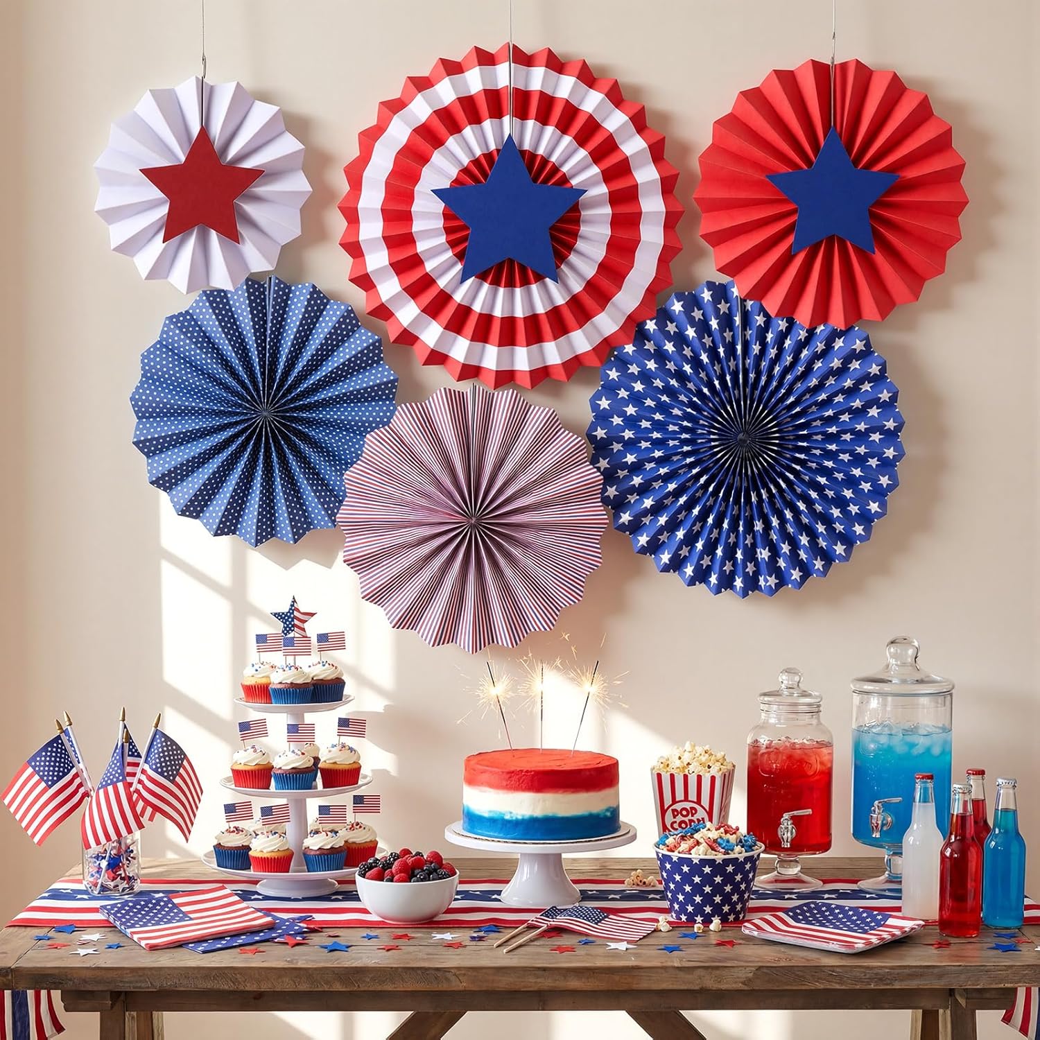 Tinlade 31 Pcs 4th of July Patriotic Decorations Red White Blue Hanging Paper Fans Porch Door Decor for 250 Anniversary Fourth of July Memorial Day USA Independence Day American Party Supplies