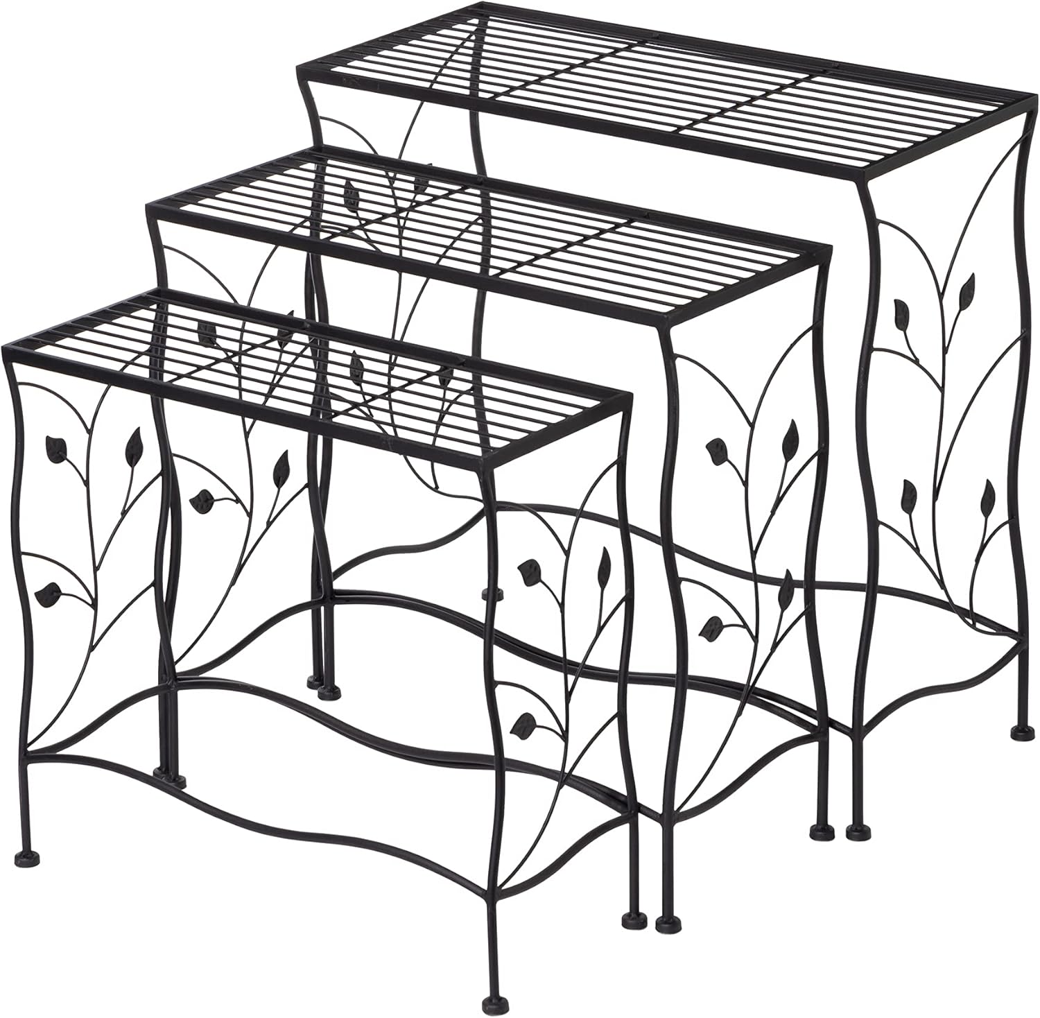 Glitzhome Set of 3 Metal Freestanding Plant Stands, Decorative Storage Shelf Plant Rack Flower Organizer Pot Holder for Indoor Outdoor, Black
