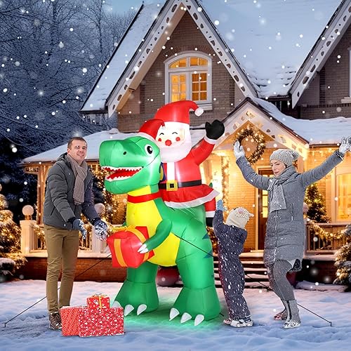 Miniatura 4 de VINGLI 6ft Tall Christmas Santa Dinosaur Inflatable, Blow Up Yard Decoration with Secure Stakes Storage Bag, Electric Blower Fan for Indoor Outdoor