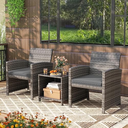 Miniatura 8 de KOTEK Juego de muebles de patio de 3 piezas, sillas de patio de mimbre para exteriores con cojines y mesa de almacenamiento, juego de bistró de