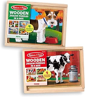 Melissa & Doug Animals 4-in-1 Wooden Jigsaw Puzzles Set - Pets and Farm - Toddler Wooden Jigsaw Puzzles, Animal Puzzles, Take-Along Puzzles For Toddlers And Kids Ages 3+