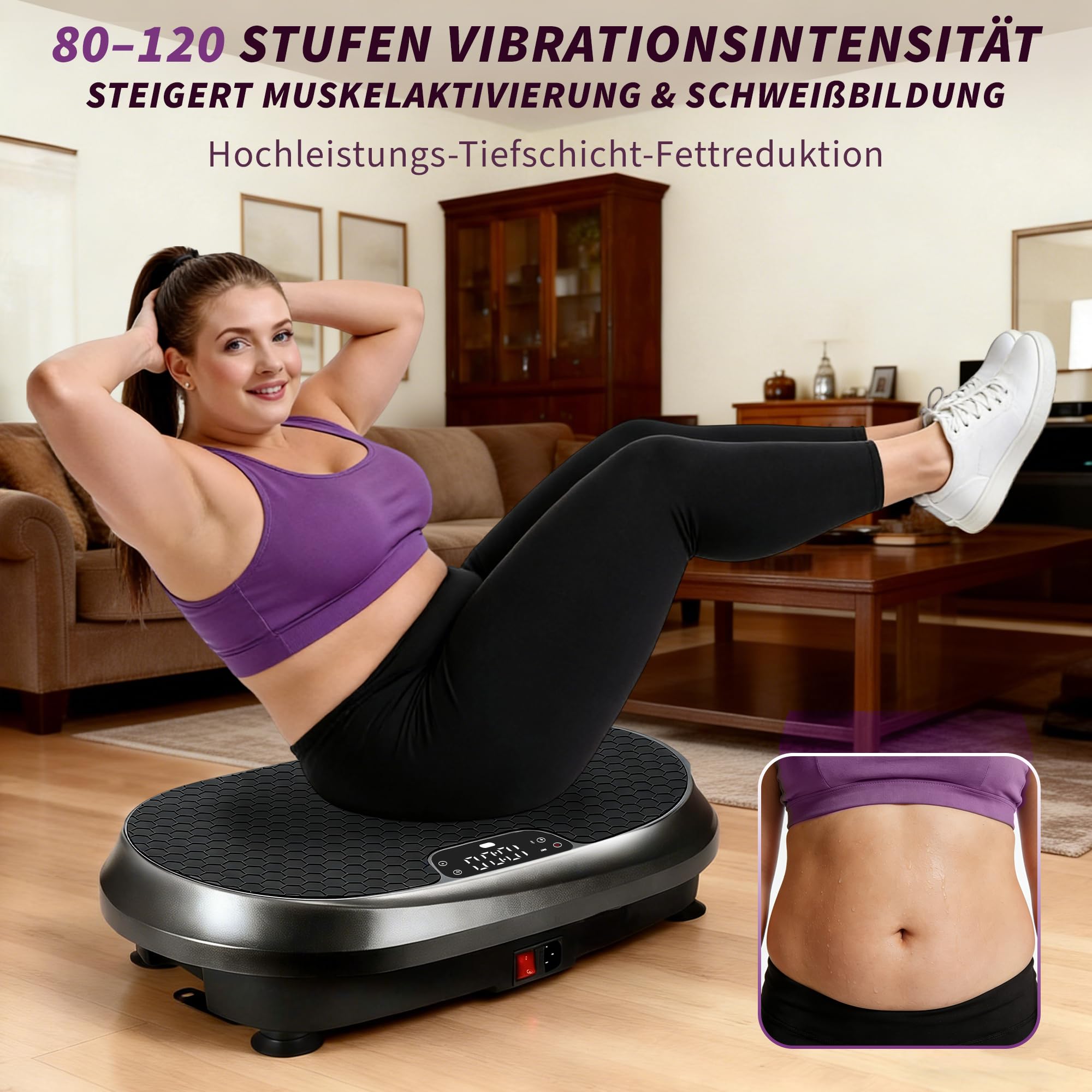 Vibrationsplatte - Vibration Plate Rüttelplatte Sport für Zuhause | Hohe Stabilität Rutschfeste Fußpads Leiser Betrieb Fernbedienung Widerstandsbänder 9 automatische Programme LED-Anzeige