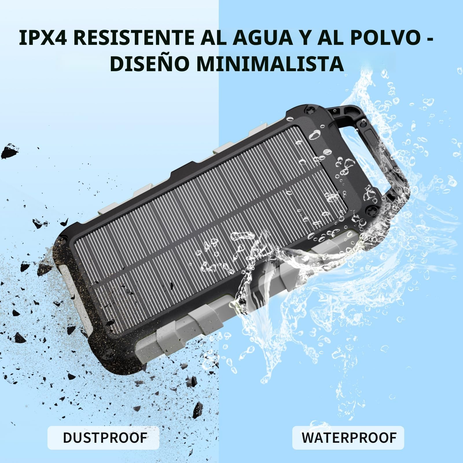 TOENNESEN Cargador Solar 26800 mAh Power Bank Solar, Bateria Externa con Carga Rápida 15 W Impermeable IPX4 2 Puertos USB + Linterna LED Compatible con Smartphones Tablets Camping y Emergencias, Gris