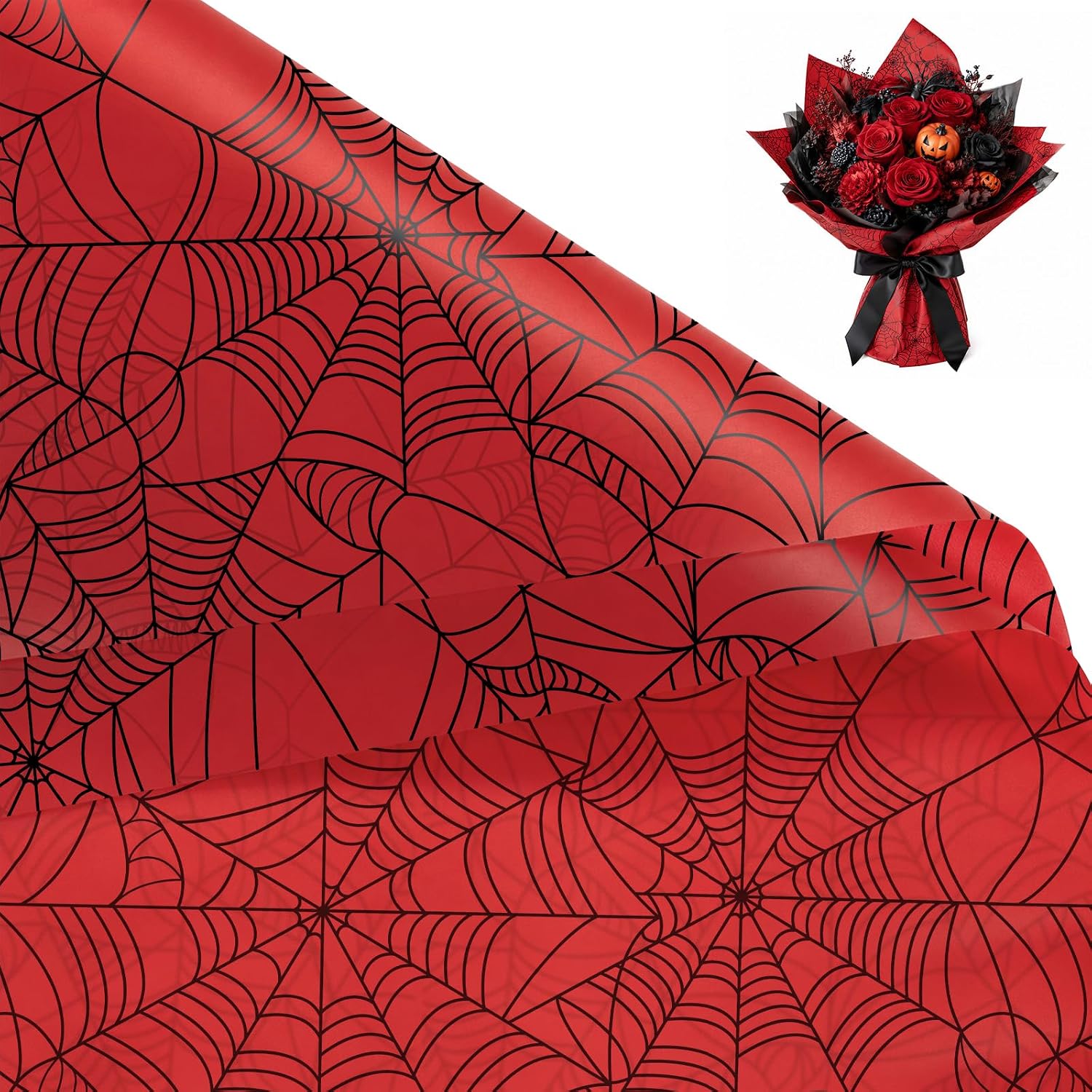 RUSPEPA 20 Sheets Flower Wrapping Paper, Red Black Spiderweb Design Plastic Packaging - Waterproof Floral Bouquet Wrapping Paper - Florist Supplies Packaging for Halloween, Birthday, DIY Crafts