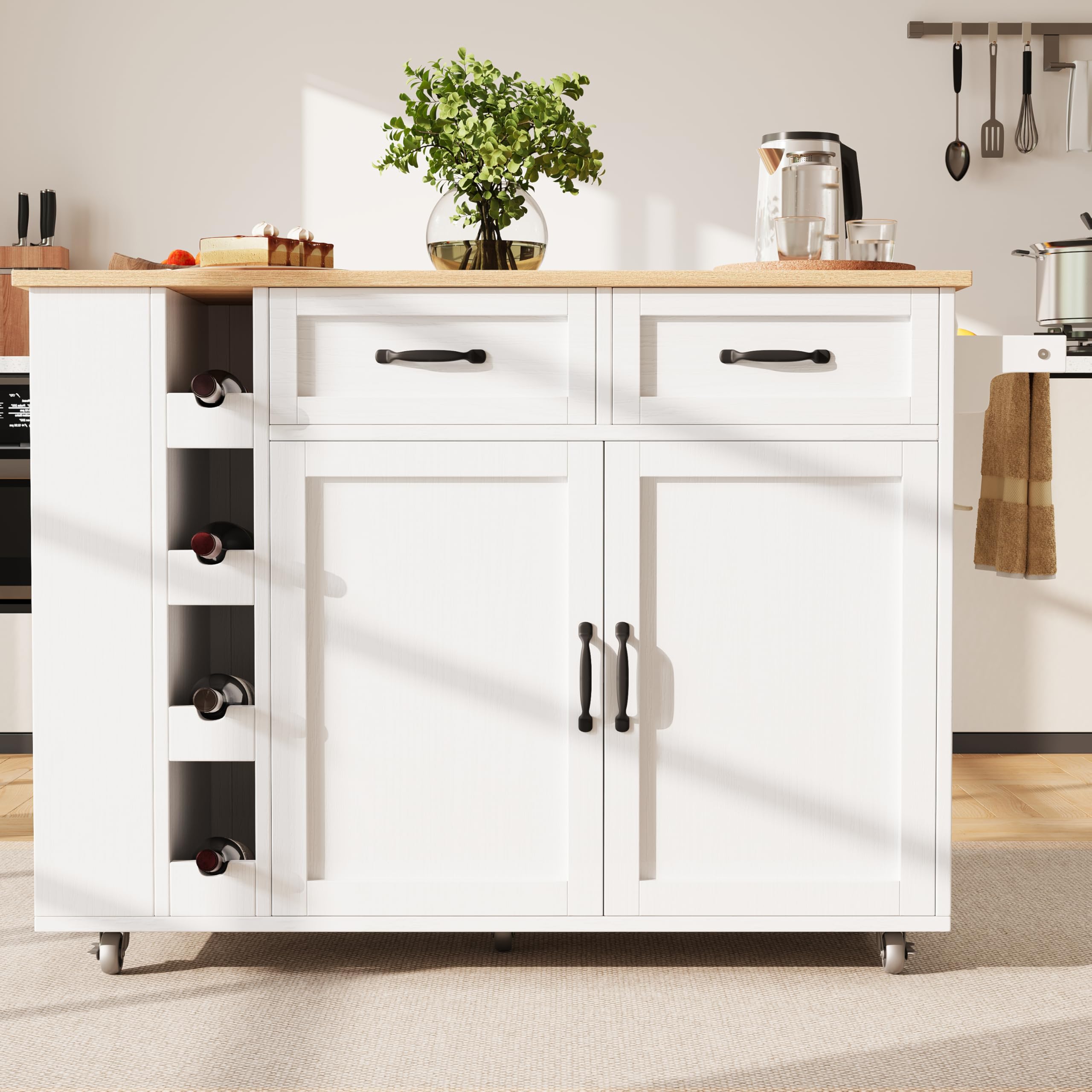 Carrito de cocina, isla de cocina, armario de cocina, aparador con encimera plegable, vetas de roble, con regleta, equipado para cocina y casa, 131,5 x 43 x 90,7 cm, color blanco