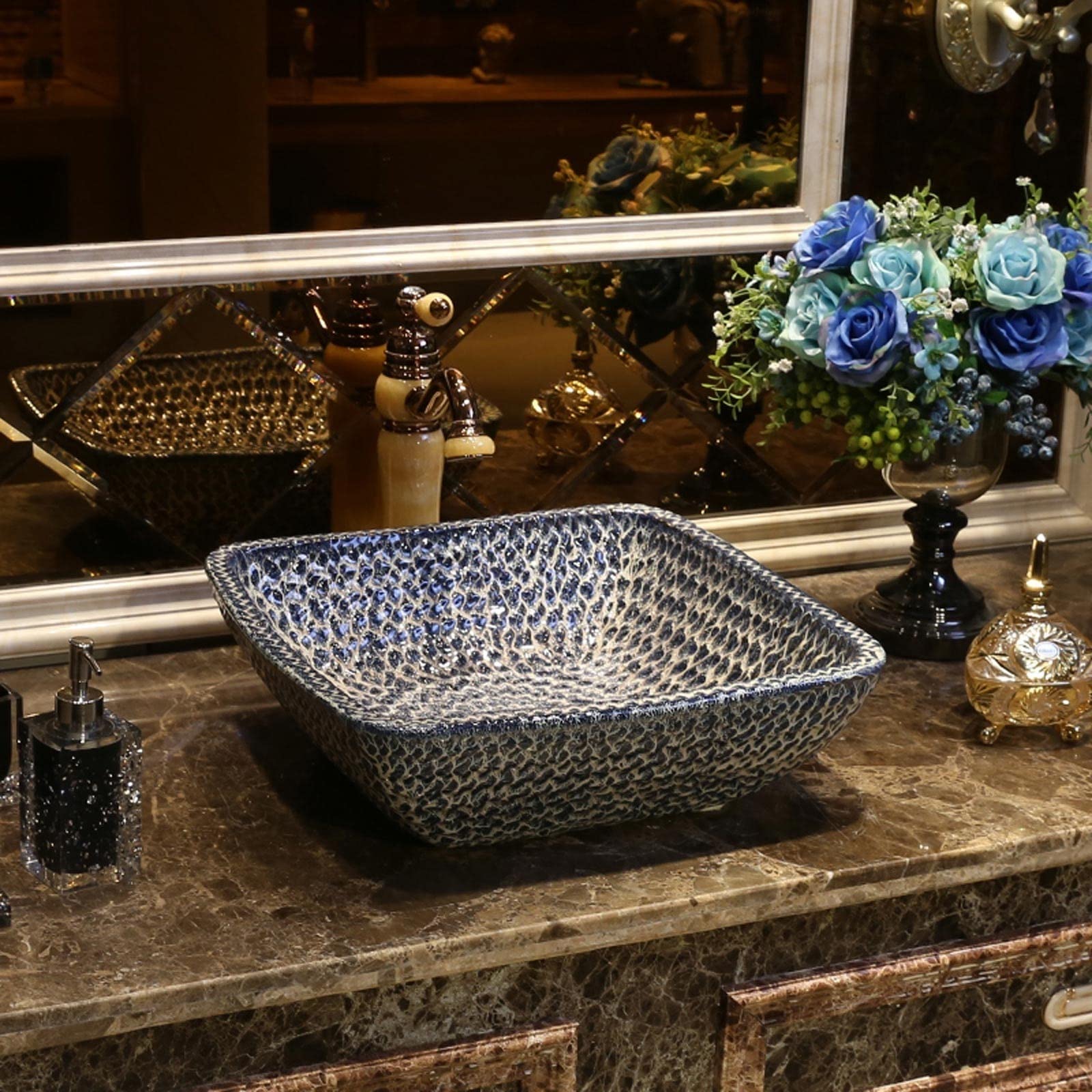 Umywalka wpuszczana do łazienki Retro Stone Bathern Sink Artystyczne zlew nad licznik kwadratowy porcelanowy blat miska zlewozmywak Umywalki łazienkowe(A)