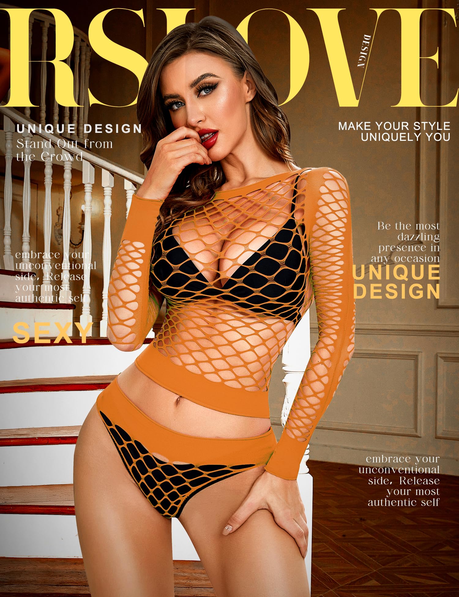 RSLOVE Women Sexy Mesh Lingerie Fishnet Babydoll Free Size Bodysuit See Through Shirts Long Sleeve: One Size Orange