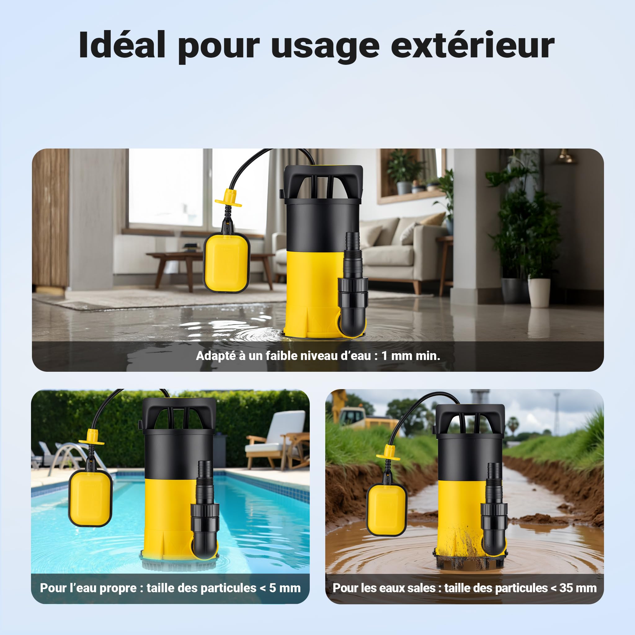 Wiltec Pompe à eau immergée 3 en 1 à aspiration plate 400 W – Jusqu’à 1 mm – 8000 l/h – Refoulement max. 5 m, profondeur max. 7 m – Interrupteur à flotteur, Thermorégulateur – Pompe submersible