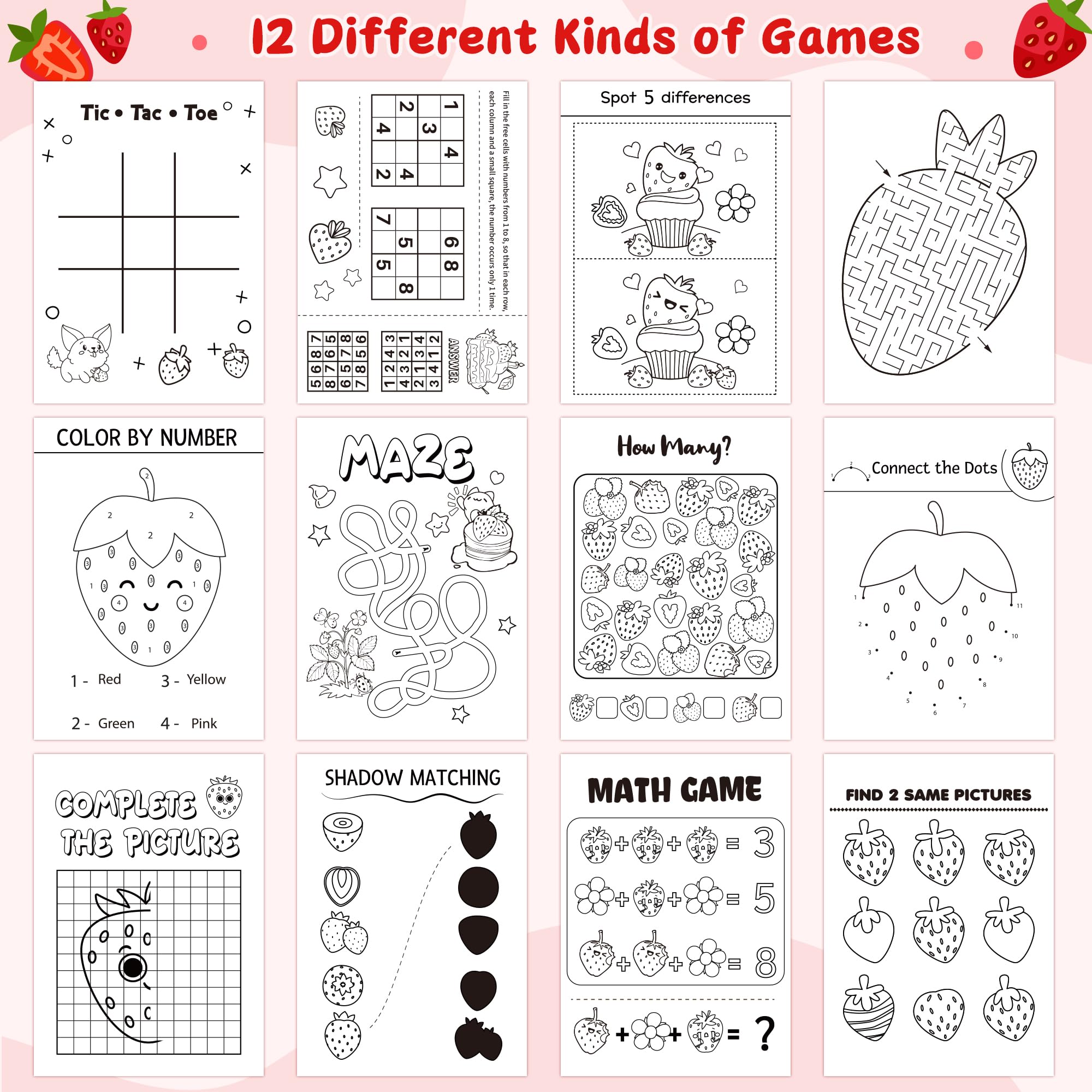 Strawberry Activity Books for Kids - 24Pcs Strawberry Mini Games Coloring Book Set Bulk Fruits Patterns Mazes Word Search Word Scramble Games for Classroom DIY Art Gifts Birthday Sweet Party Favors